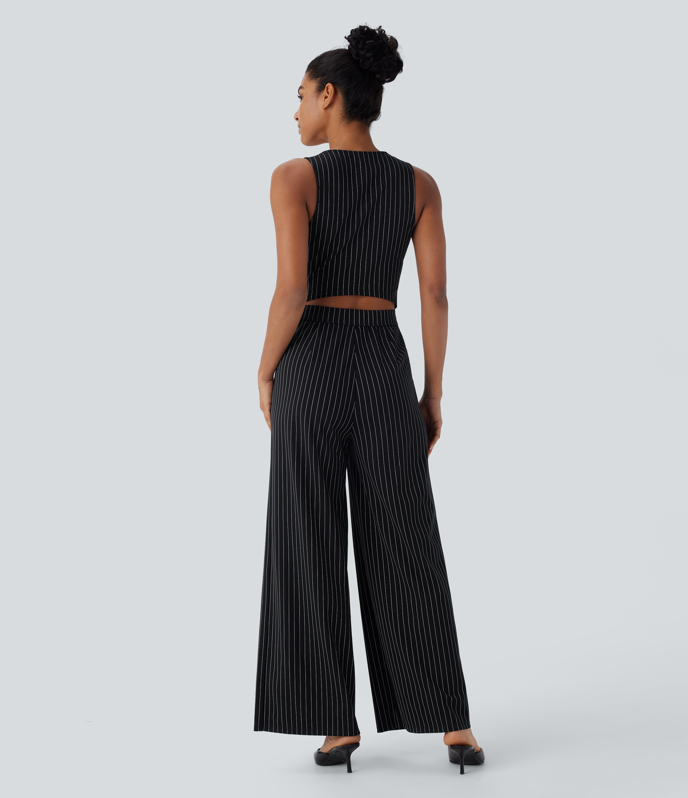 V Neck Sleeveless Cut Out Pockets Wide Leg Stripe Cool Touch Work Jumpsuit