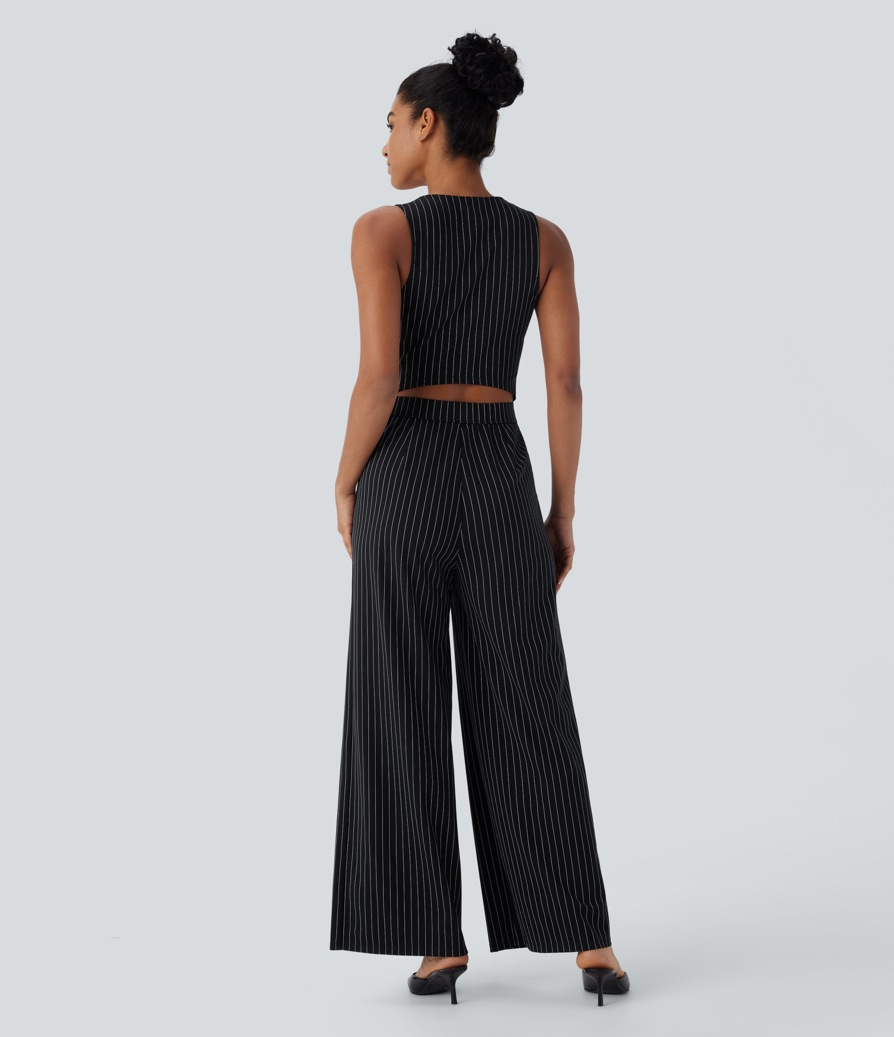 V Neck Sleeveless Cut Out Pockets Wide Leg Stripe Cool Touch Work Jumpsuit