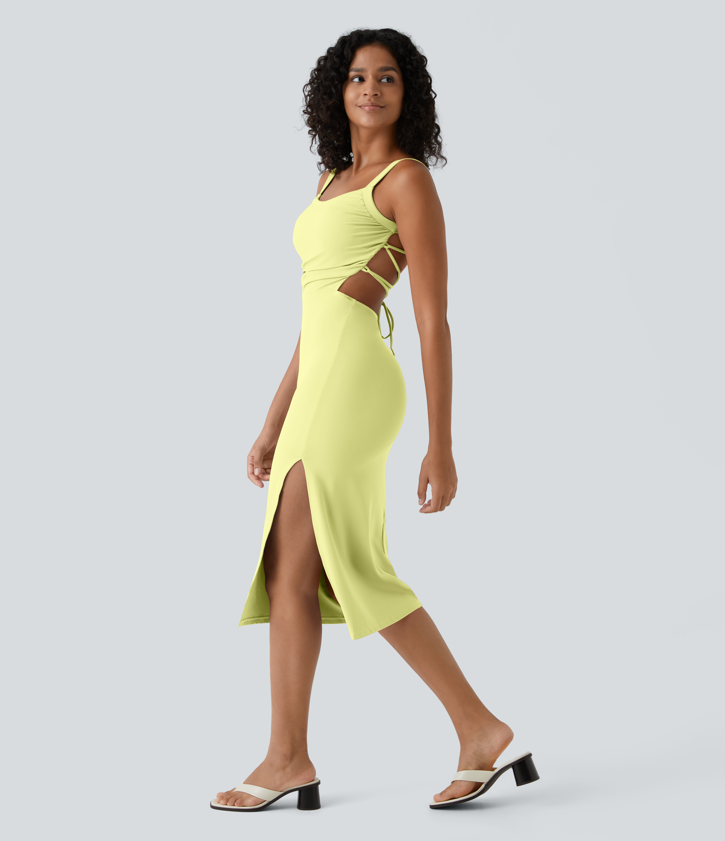 Ruched Lace Up Bodycon Midi Casual Dress