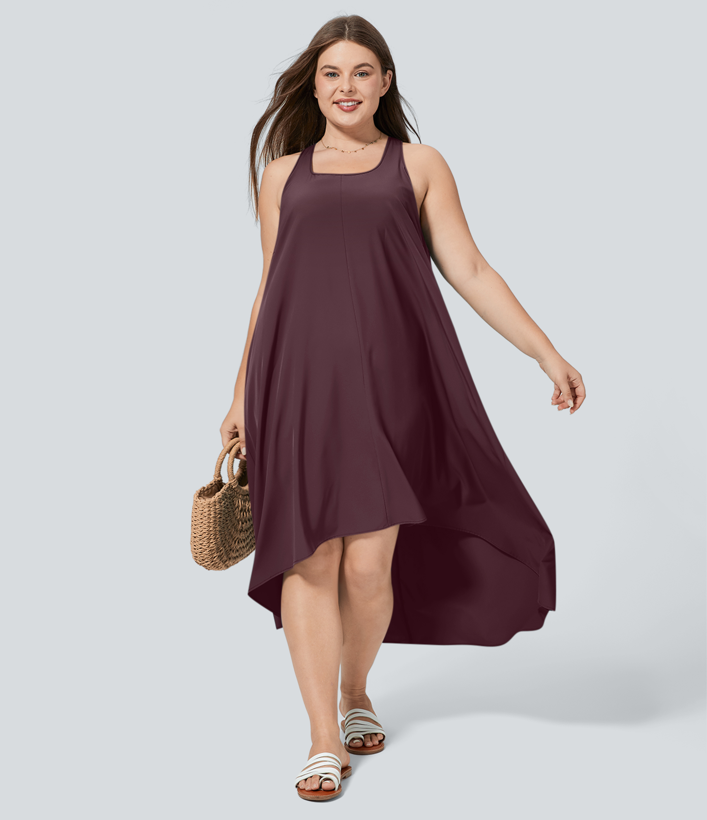 RacerPocket High Low Flowy Midi Quick Dry Casual Plus Size Dress