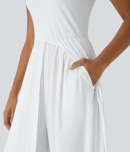 Zipper Sleeveless Pocket Contrast Quick Dry Jumpsuit