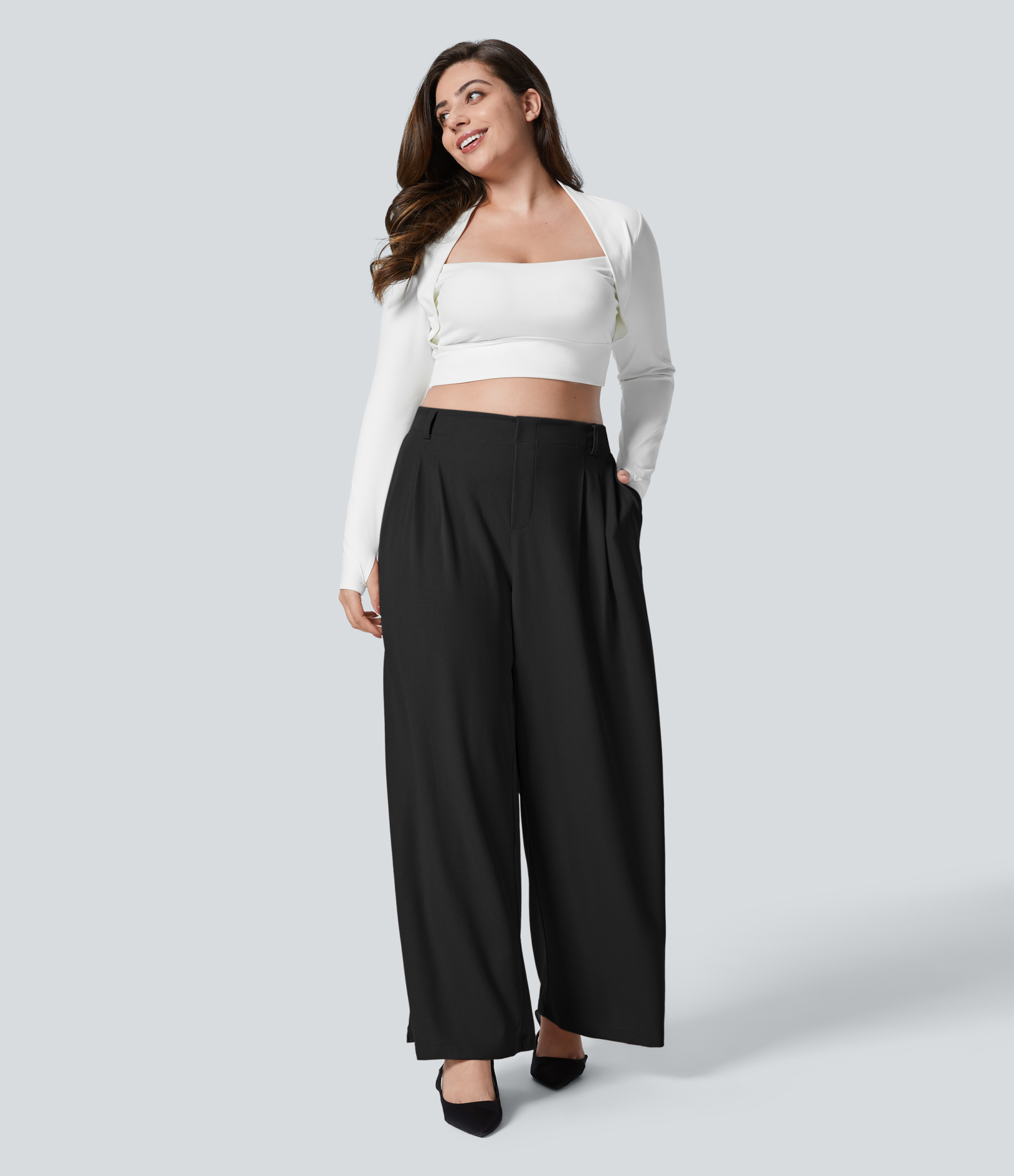 High Waisted Pocket Wide Leg Waffle Work Plus Size Pants