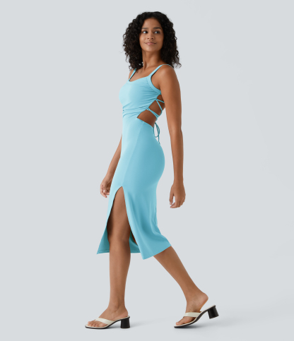 Ruched Lace Up Bodycon Midi Casual Dress