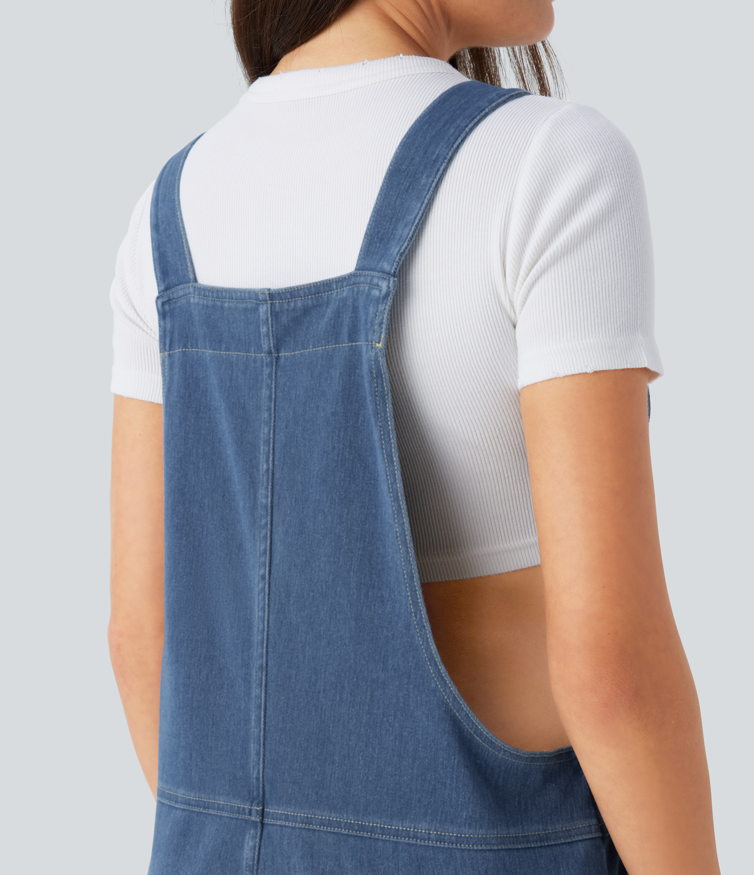 V Neck Pocket Washed Denim Casual Overalls