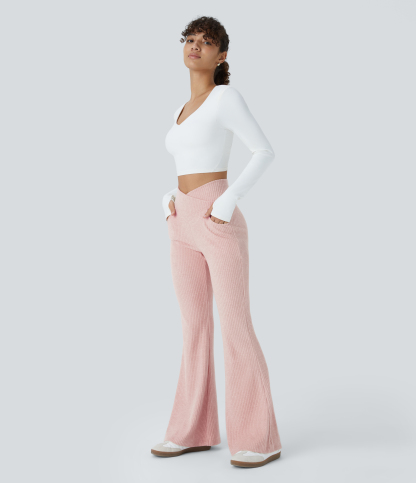 Ribbed Knit Crossover High Waisted Pocket Casual Flare Pants