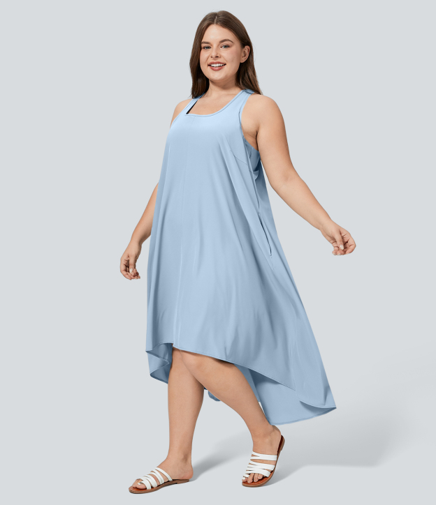 RacerPocket High Low Flowy Midi Quick Dry Casual Plus Size Dress