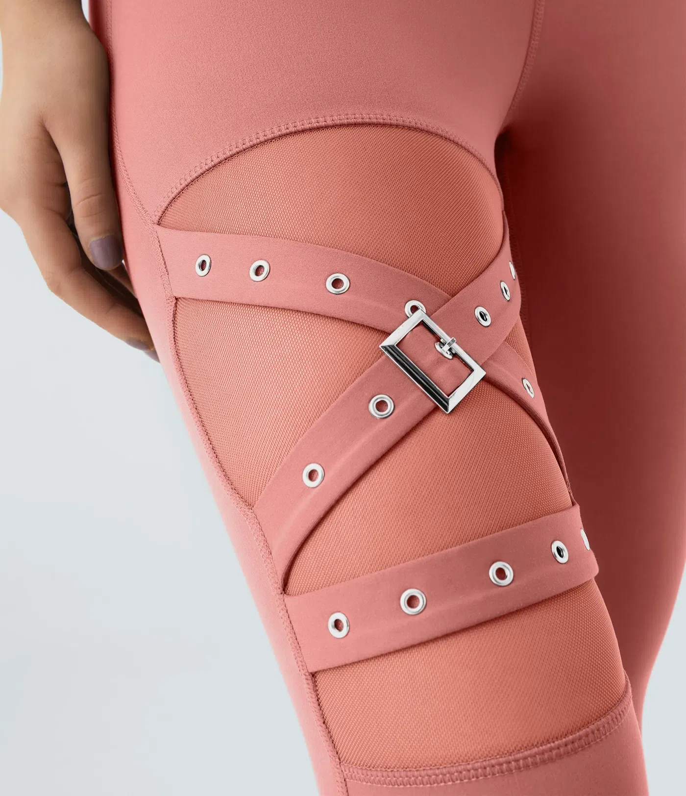 DayStretch High Waisted Crossover Contrast Mesh Decorative Buckle Yoga Leggings