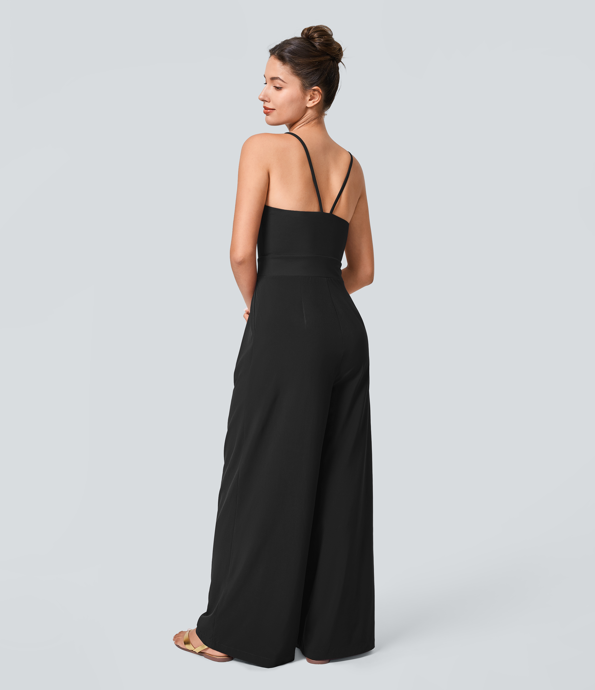 Backless Side Invisible Zipper Pocket Wide Leg Quick Dry Resort Slip Jumpsuit