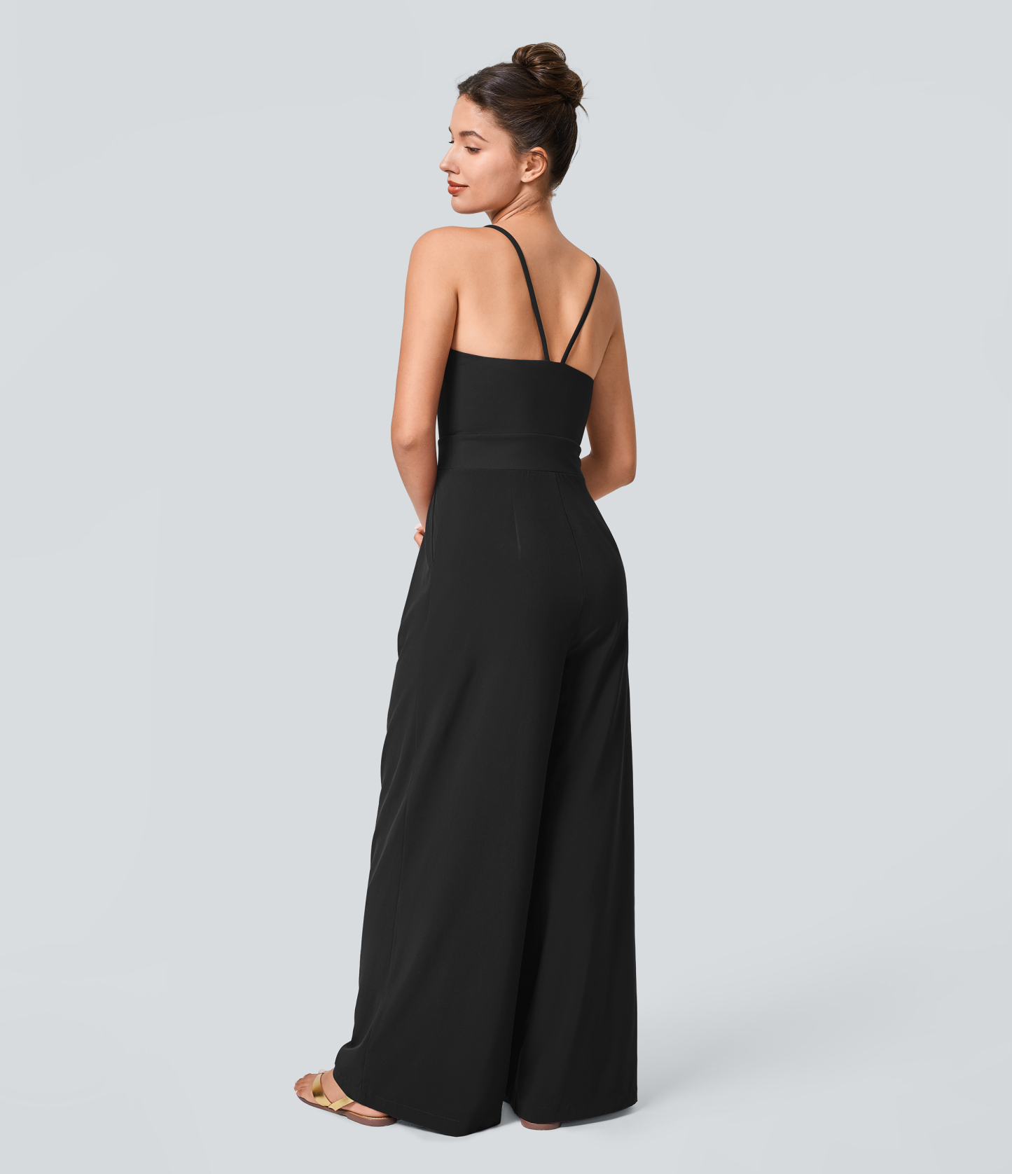 Backless Side Invisible Zipper Pocket Wide Leg Quick Dry Resort Slip Jumpsuit