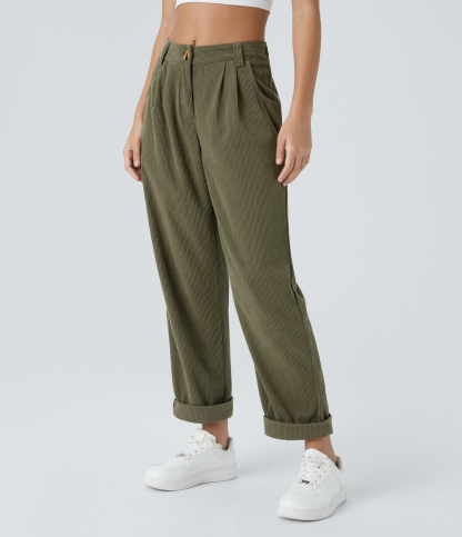 Mid Rise Zipper Pocket Corduroy Casual Pants
