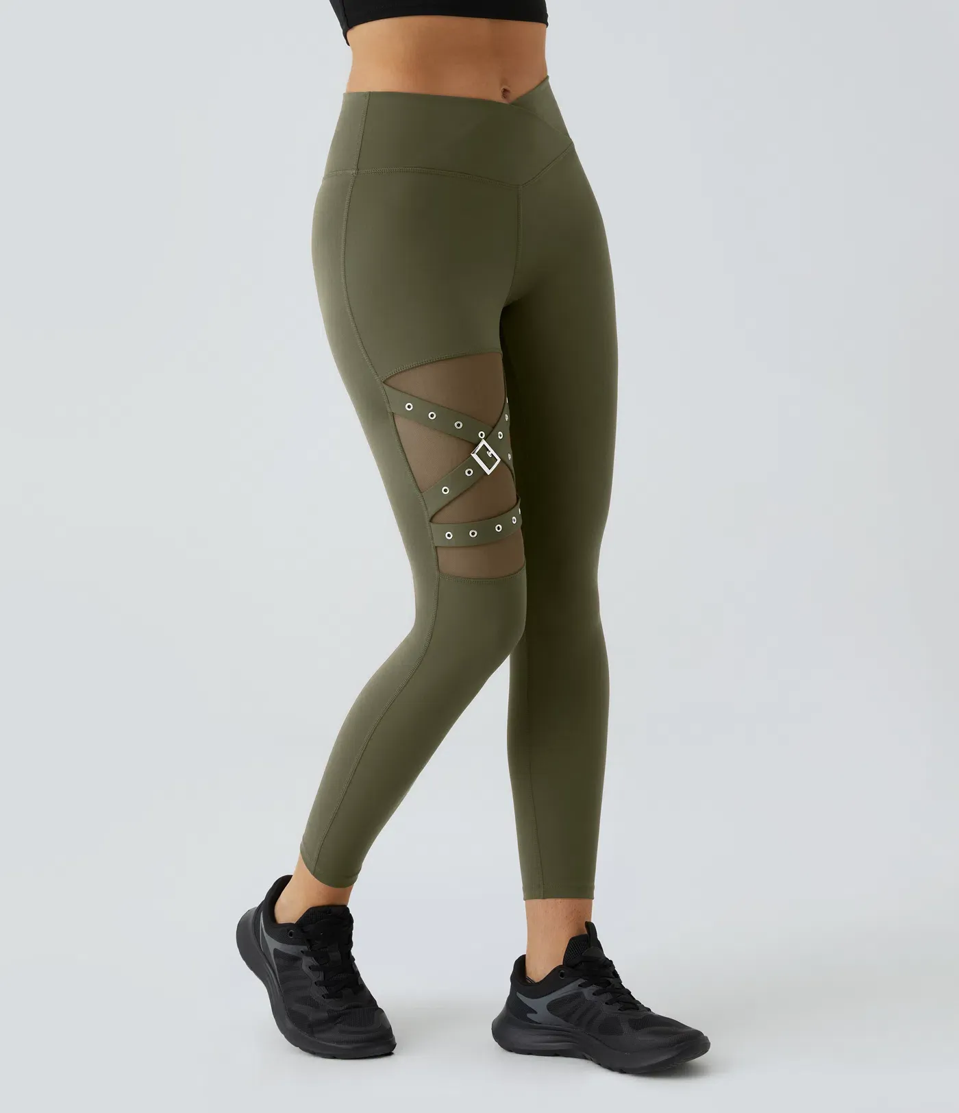 DayStretch High Waisted Crossover Contrast Mesh Decorative Buckle Yoga Leggings