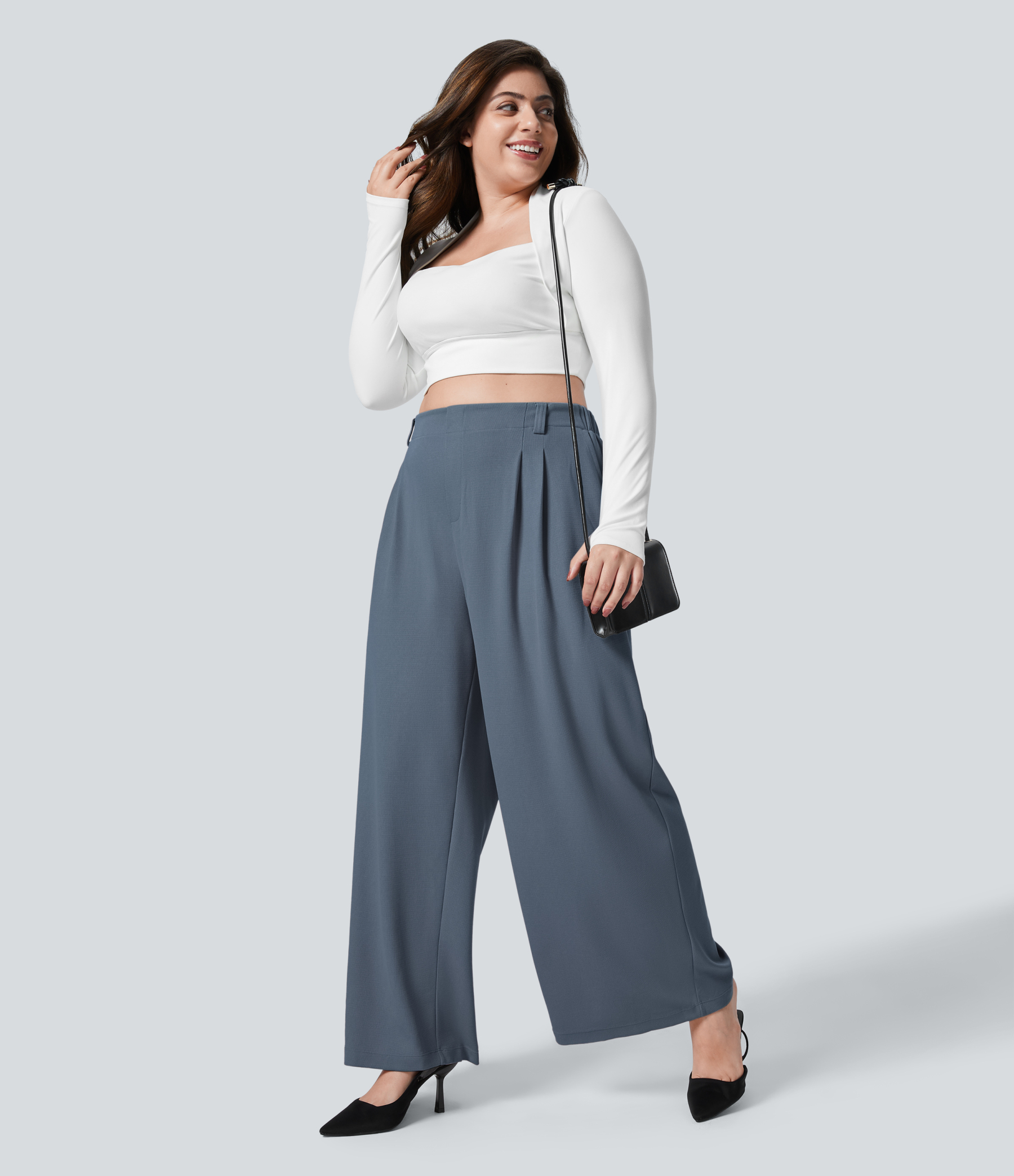 High Waisted Pocket Wide Leg Waffle Work Plus Size Pants