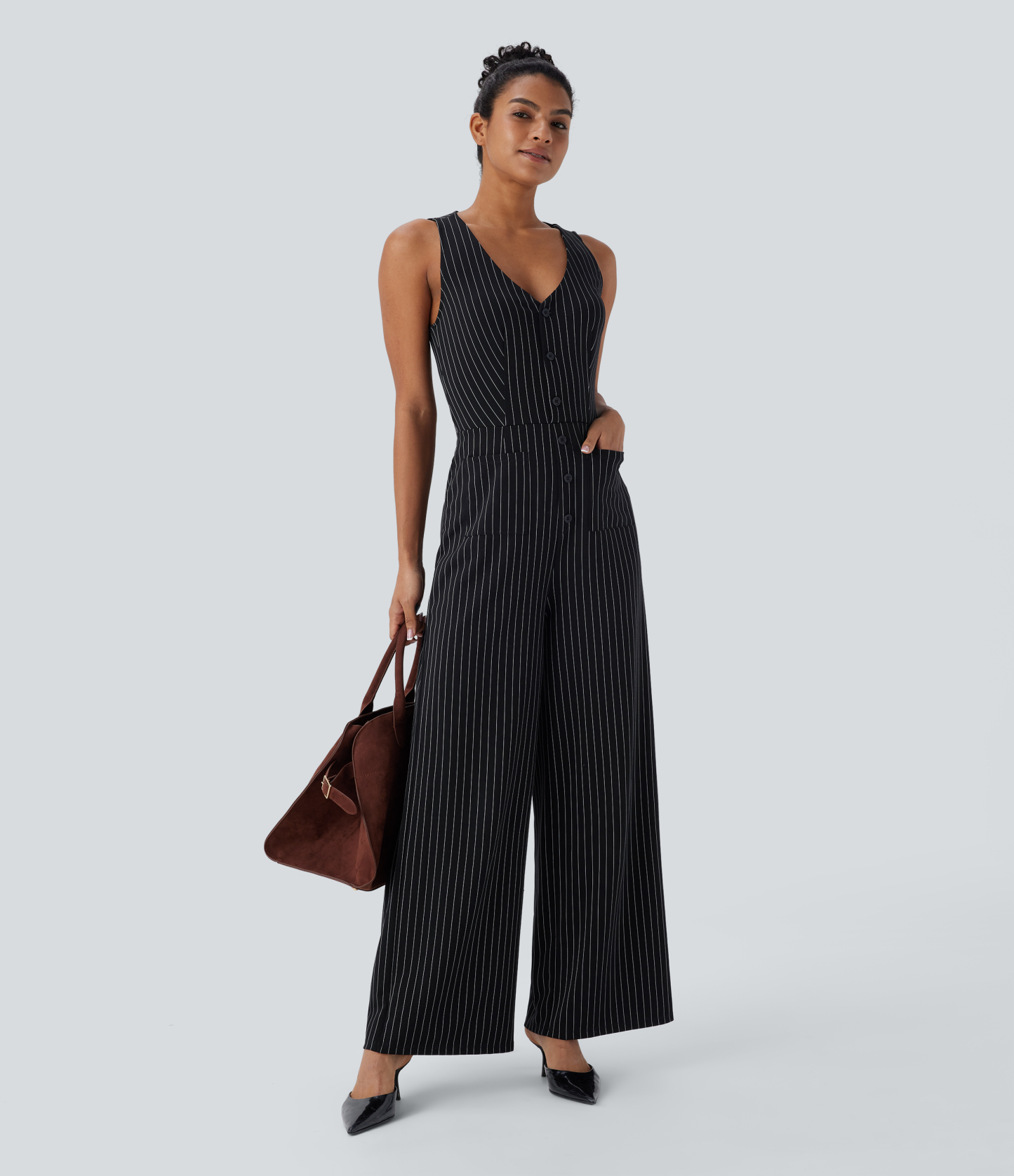 V Neck Sleeveless Cut Out Pockets Wide Leg Stripe Cool Touch Work Jumpsuit