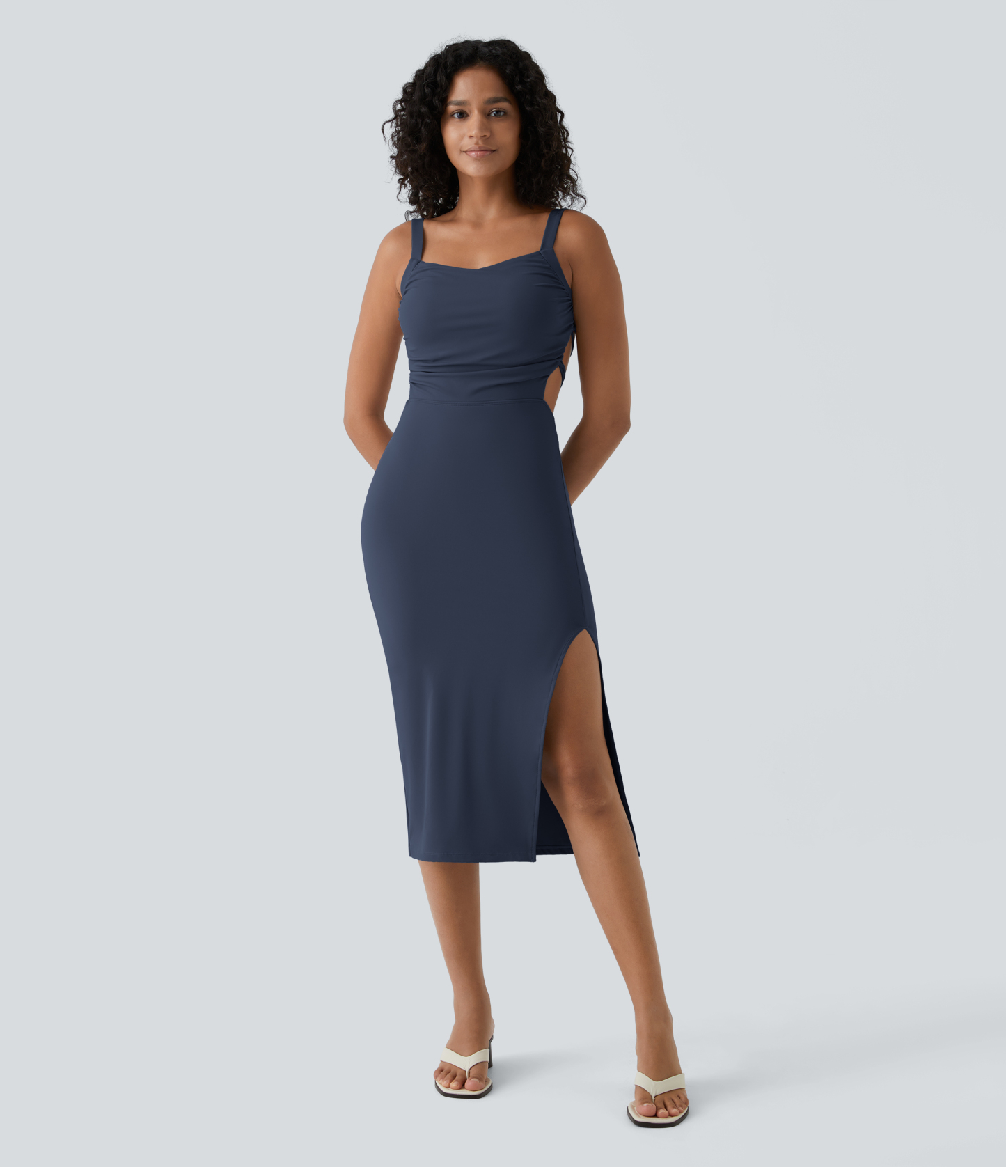 Ruched Lace Up Bodycon Midi Casual Dress