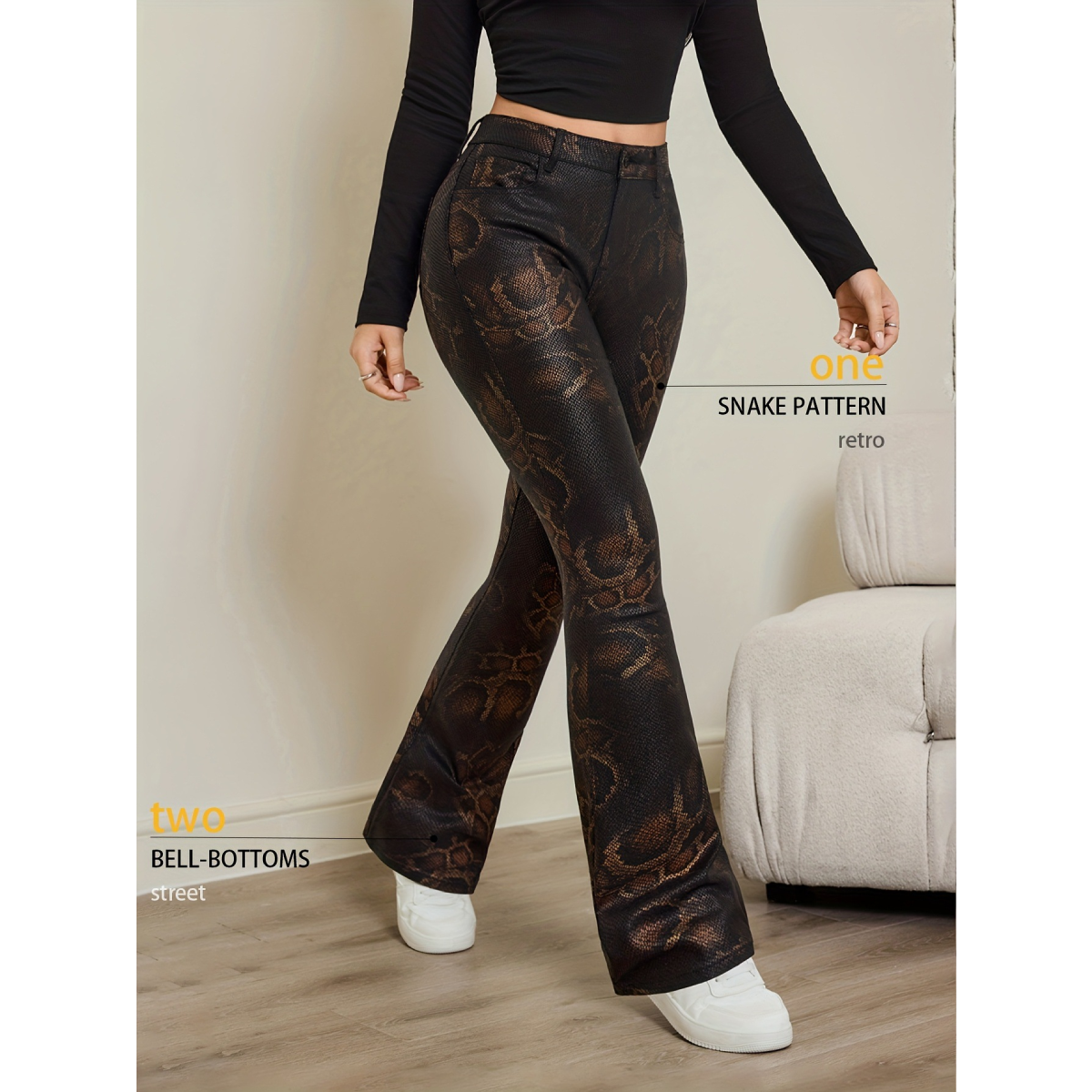 Women's High Waisted Bell Bottom Flare Denim Jeans - Comfortable Cotton Denim Trousers, Snakeprint, Ideal for Day Wear, Casual Fashion Denim