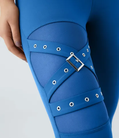 DayStretch High Waisted Crossover Contrast Mesh Decorative Buckle Yoga Leggings