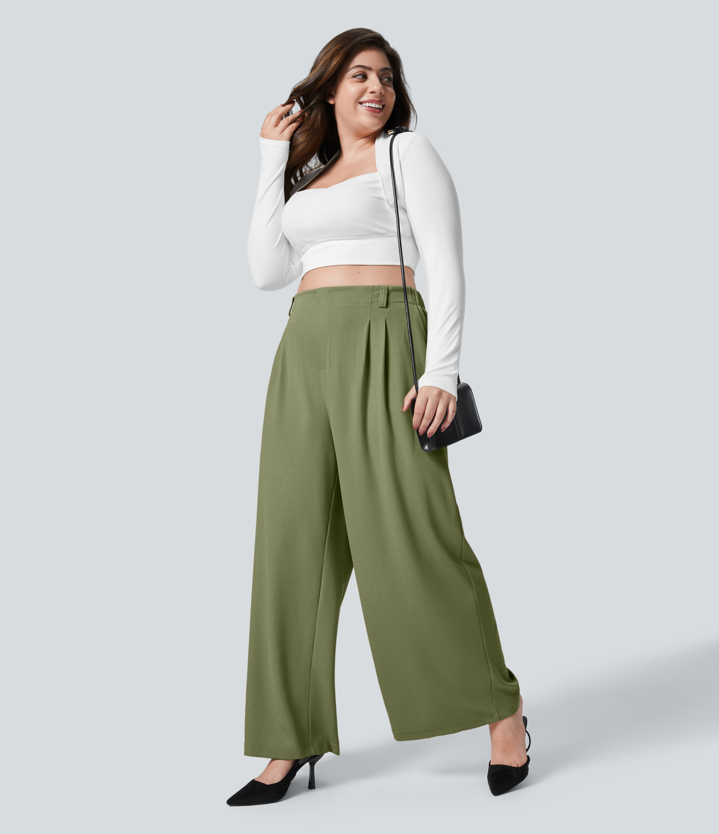 High Waisted Pocket Wide Leg Waffle Work Plus Size Pants