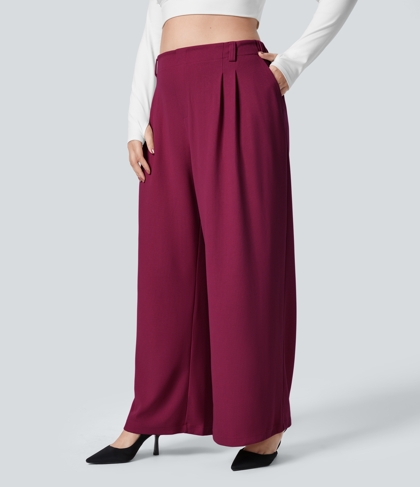 High Waisted Pocket Wide Leg Waffle Work Plus Size Pants