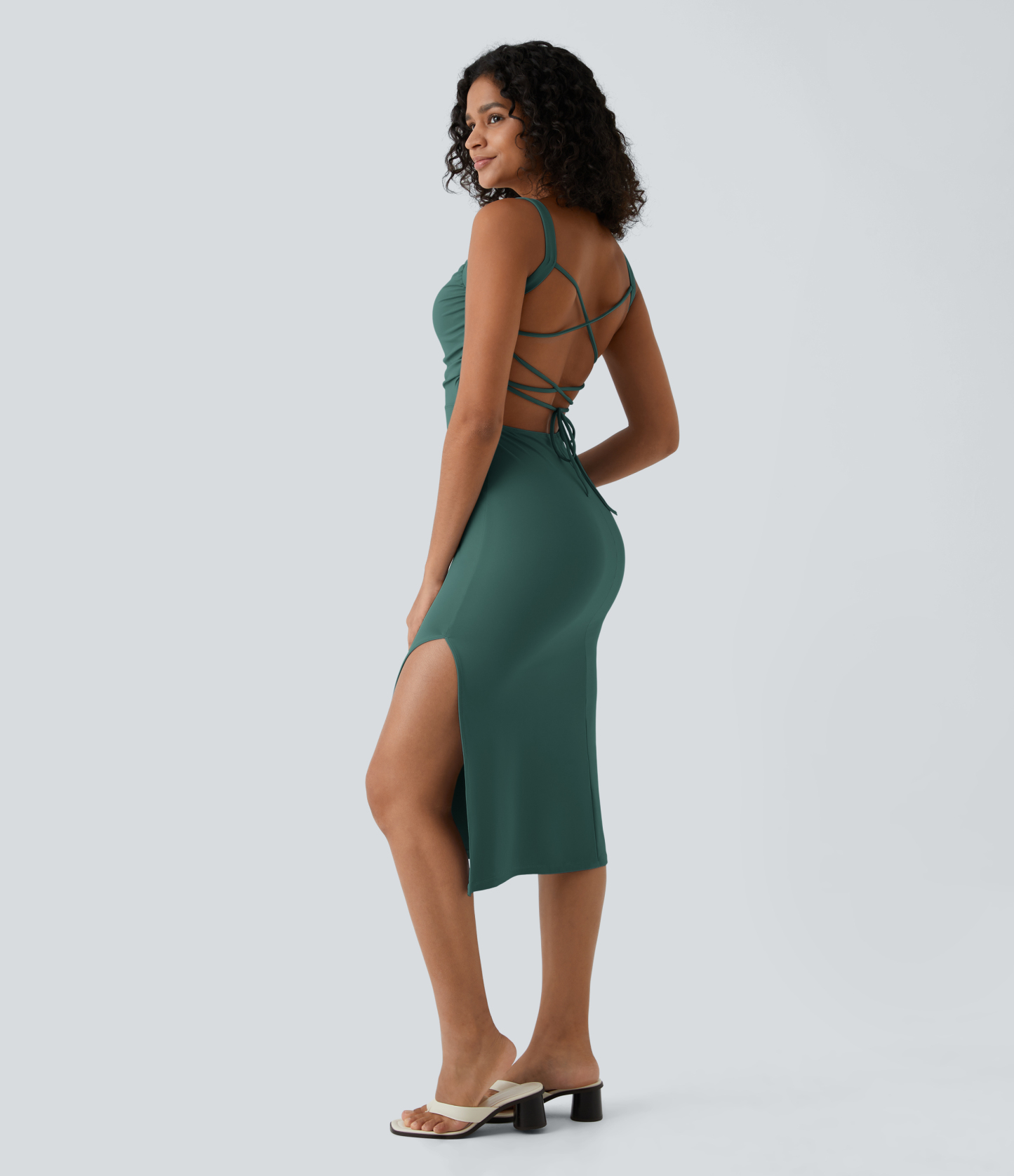 Ruched Lace Up Bodycon Midi Casual Dress