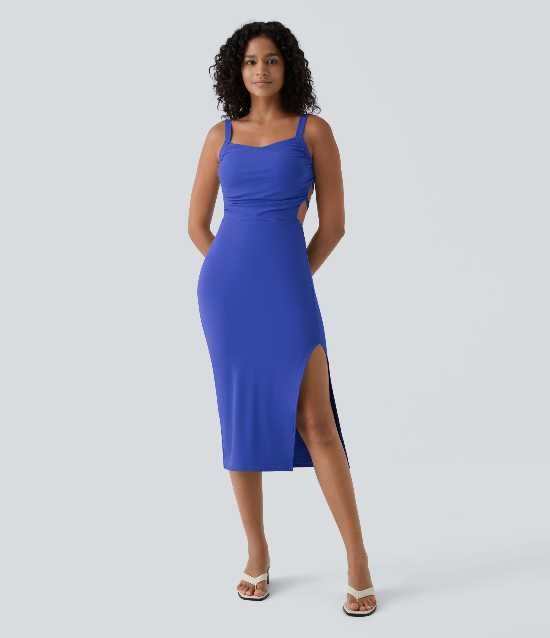 Ruched Lace Up Bodycon Midi Casual Dress