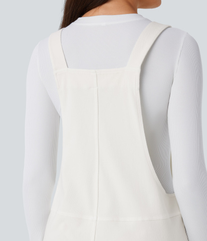 V Neck Pocket Washed Denim Casual Overalls