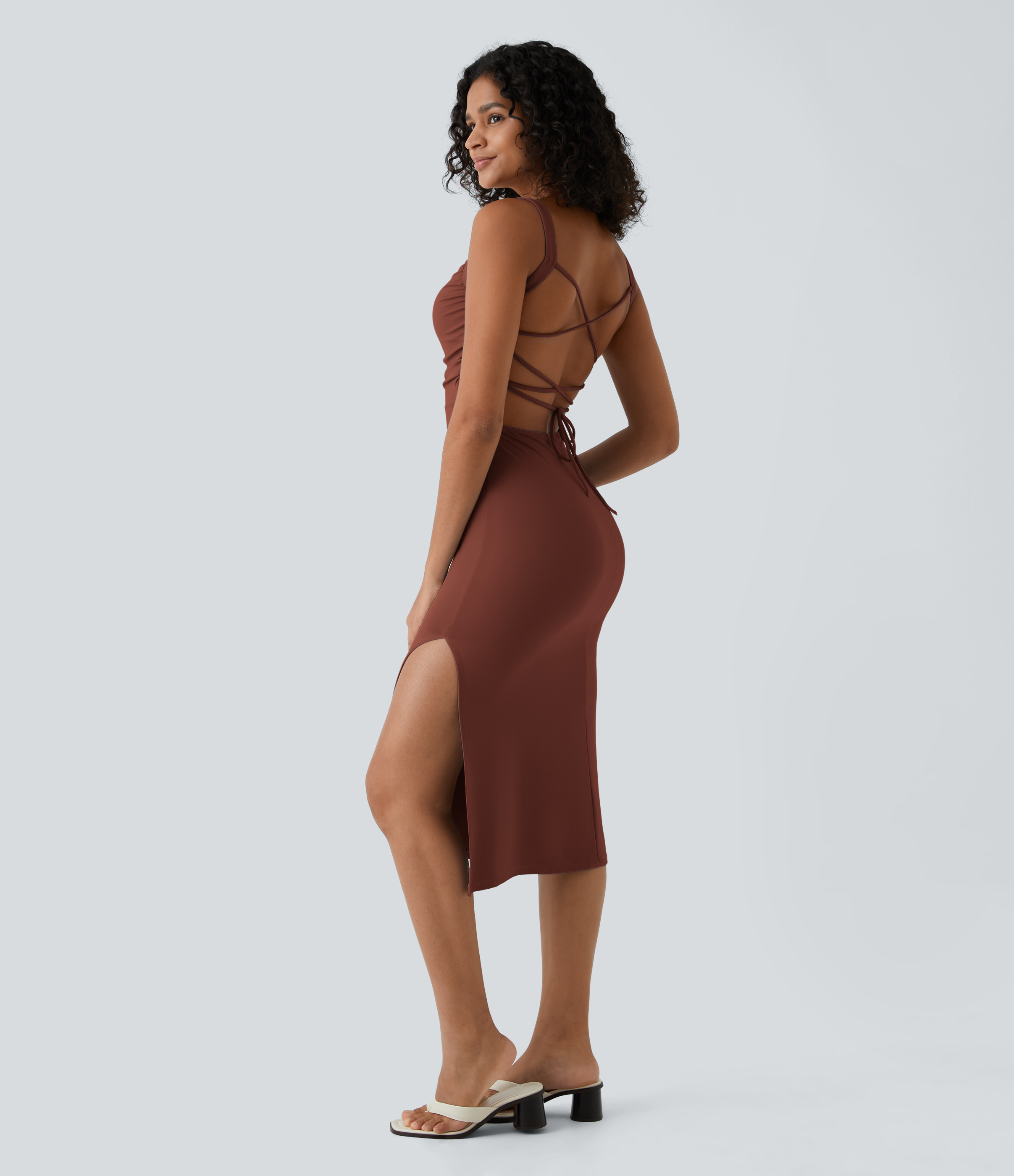 Ruched Lace Up Bodycon Midi Casual Dress