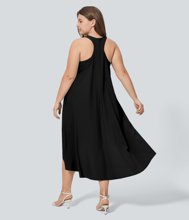 RacerPocket High Low Flowy Midi Quick Dry Casual Plus Size Dress
