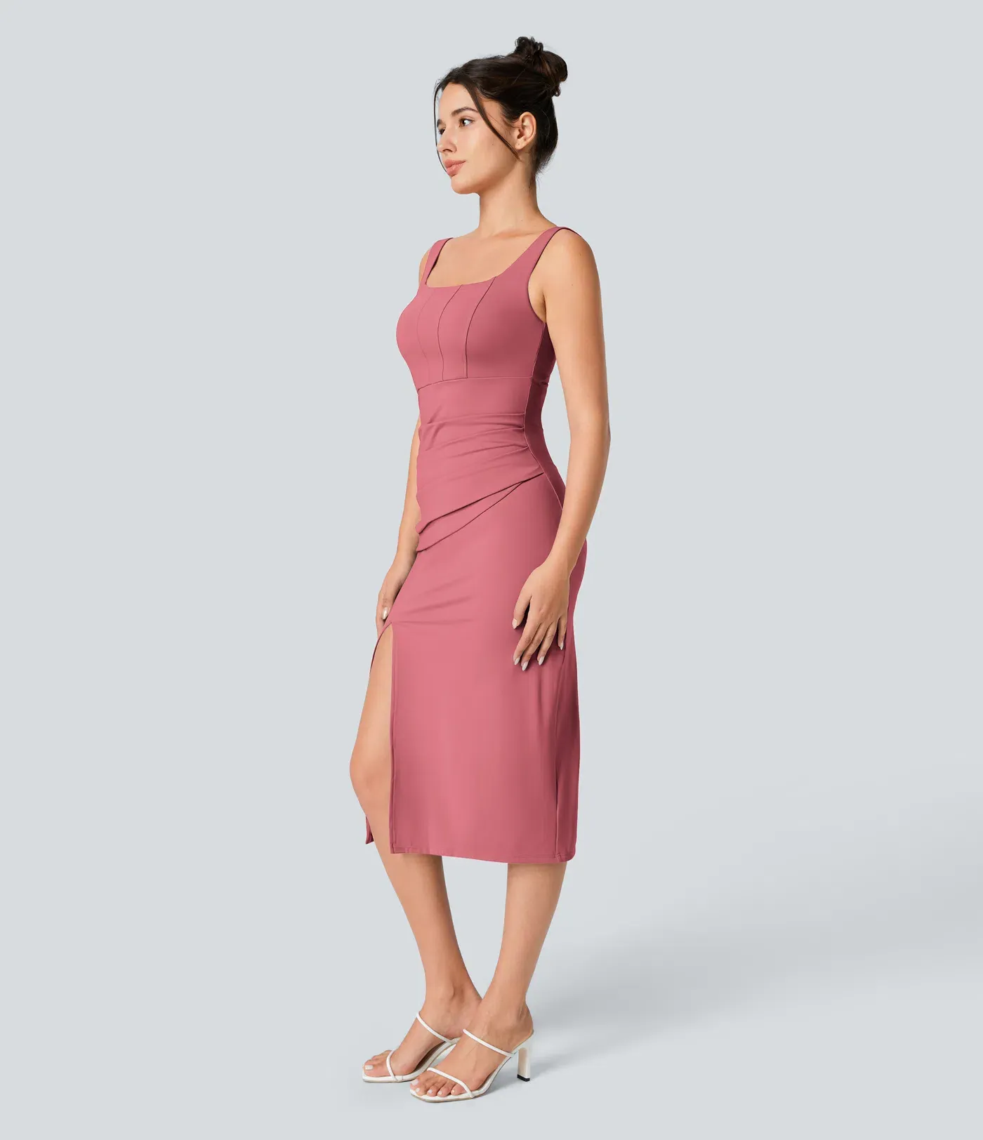 V-neck Short-sleeve Pocket Lace-up Back Quick-drying Mid-length Casual Dress-extended