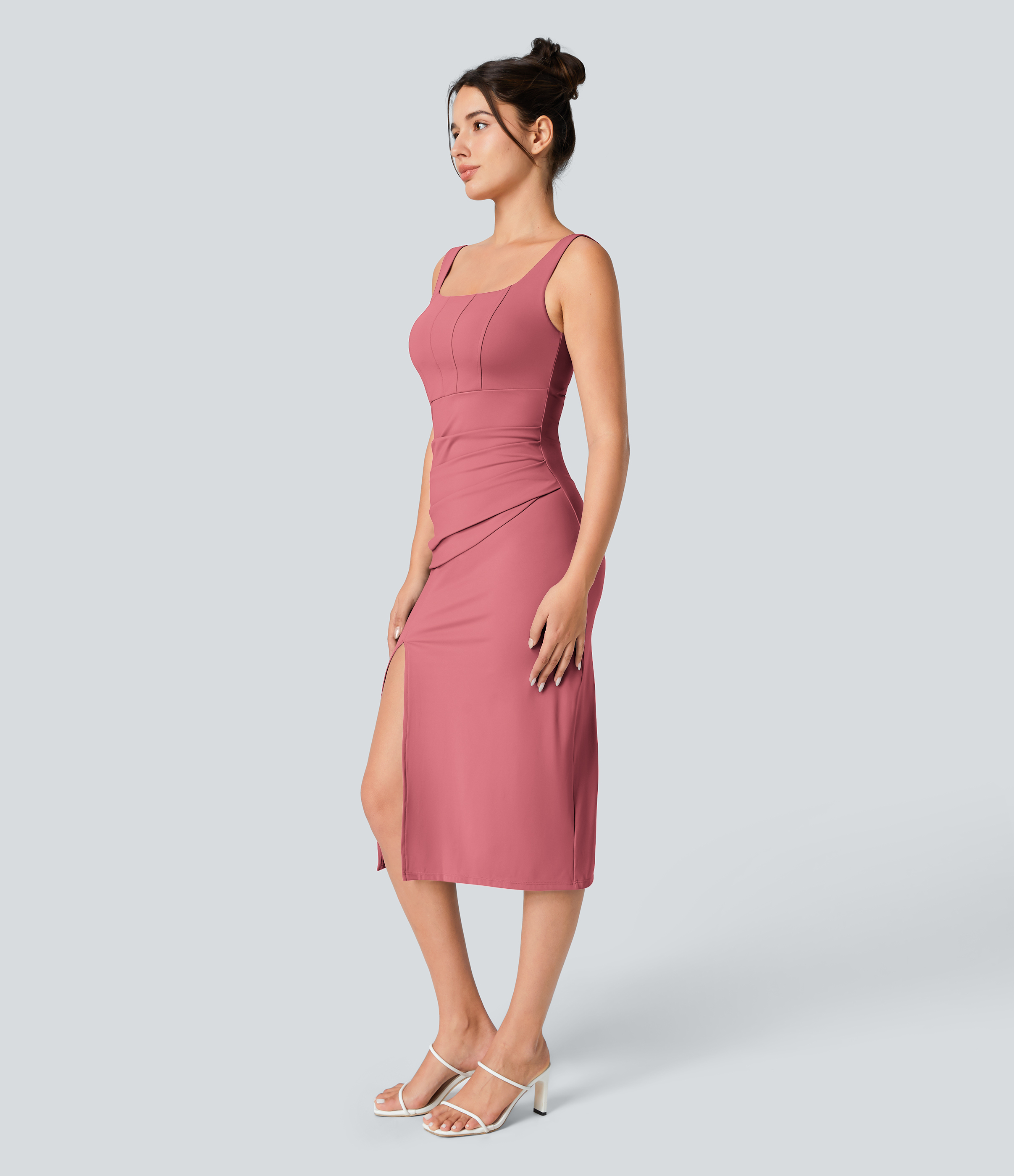 Airy Square Neck Backless Corset Ruched Split Bodycon Midi Cool Touch Bridesmaid and Wedding Guest Dress