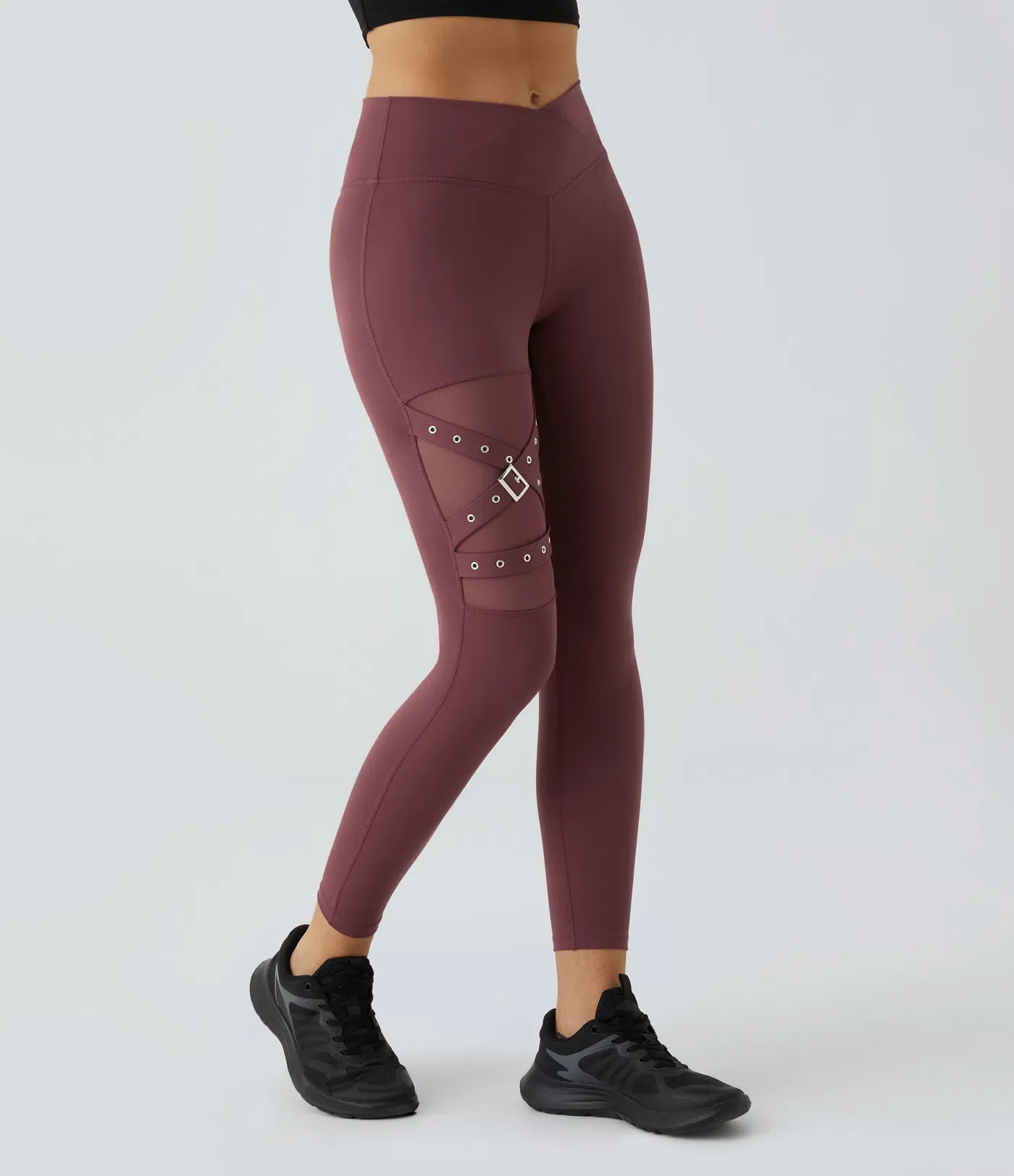 DayStretch High Waisted Crossover Contrast Mesh Decorative Buckle Yoga Leggings