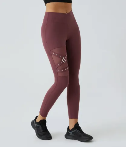 DayStretch High Waisted Crossover Contrast Mesh Decorative Buckle Yoga Leggings