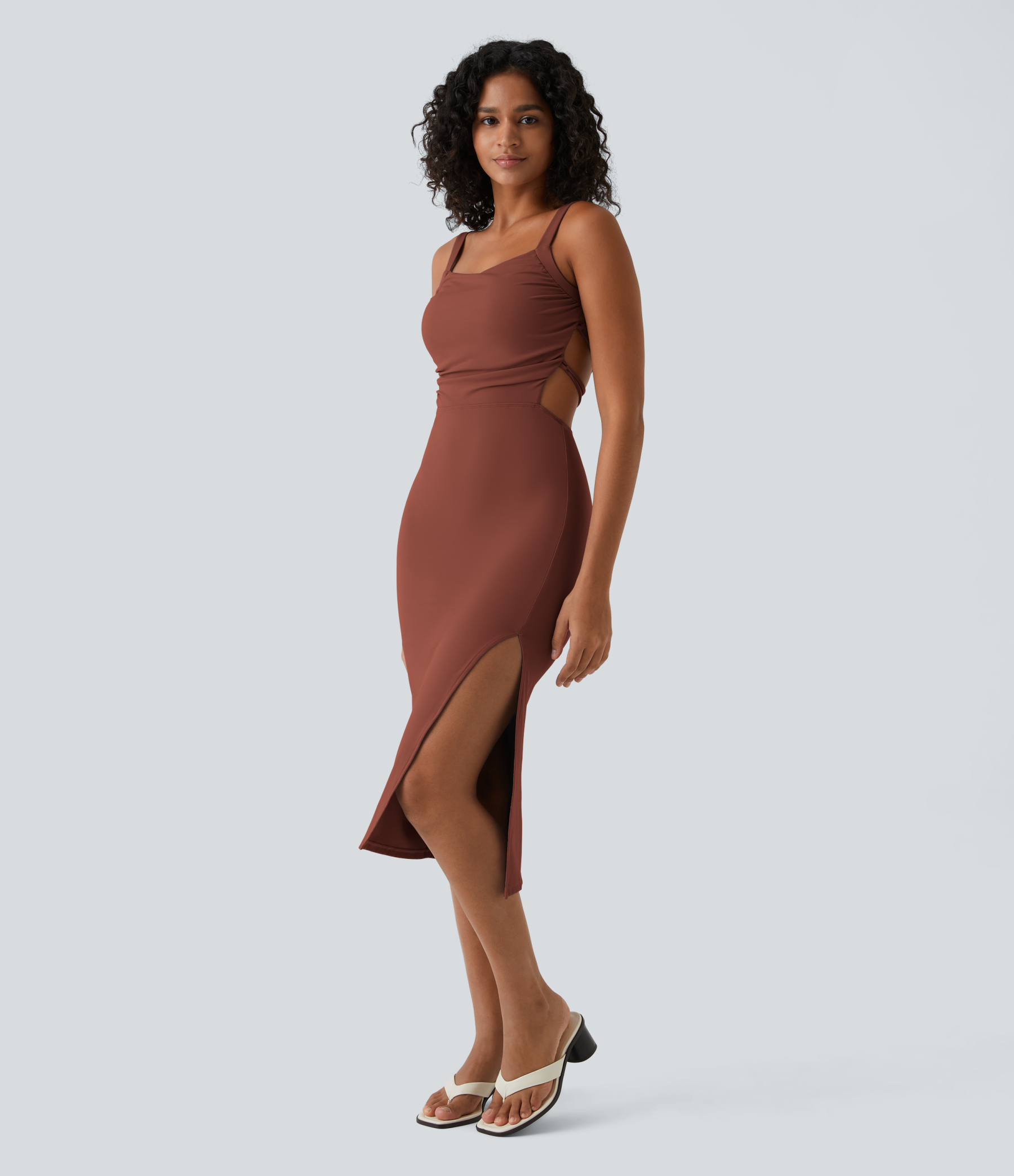 Ruched Lace Up Bodycon Midi Casual Dress