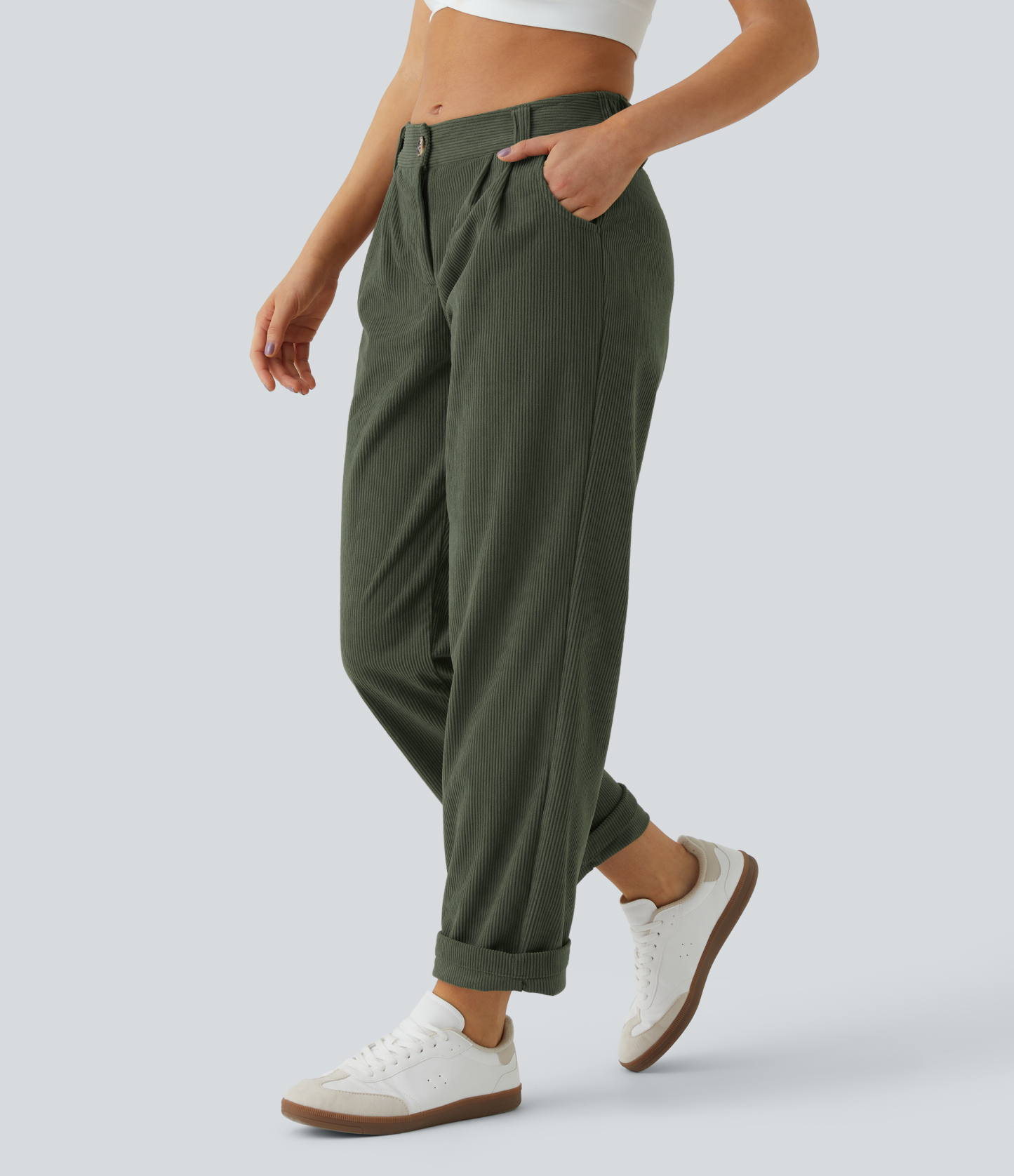 Mid Rise Zipper Pocket Corduroy Casual Pants