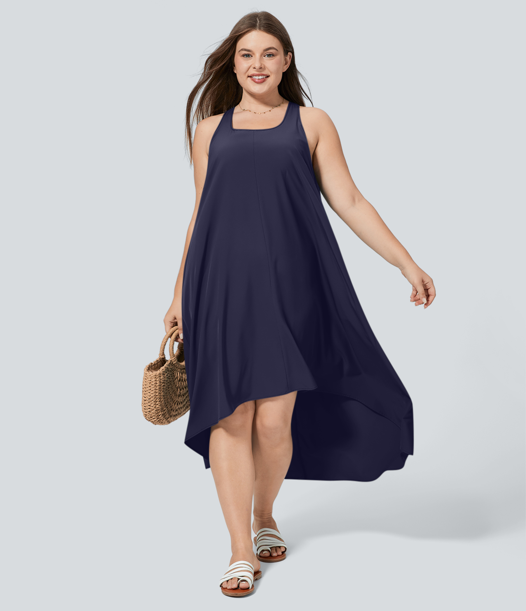 RacerPocket High Low Flowy Midi Quick Dry Casual Plus Size Dress
