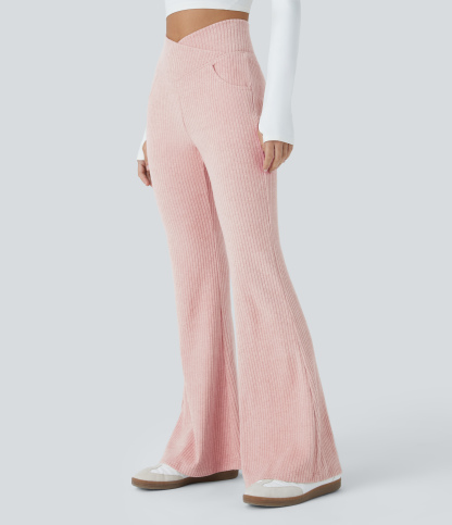 Ribbed Knit Crossover High Waisted Pocket Casual Flare Pants