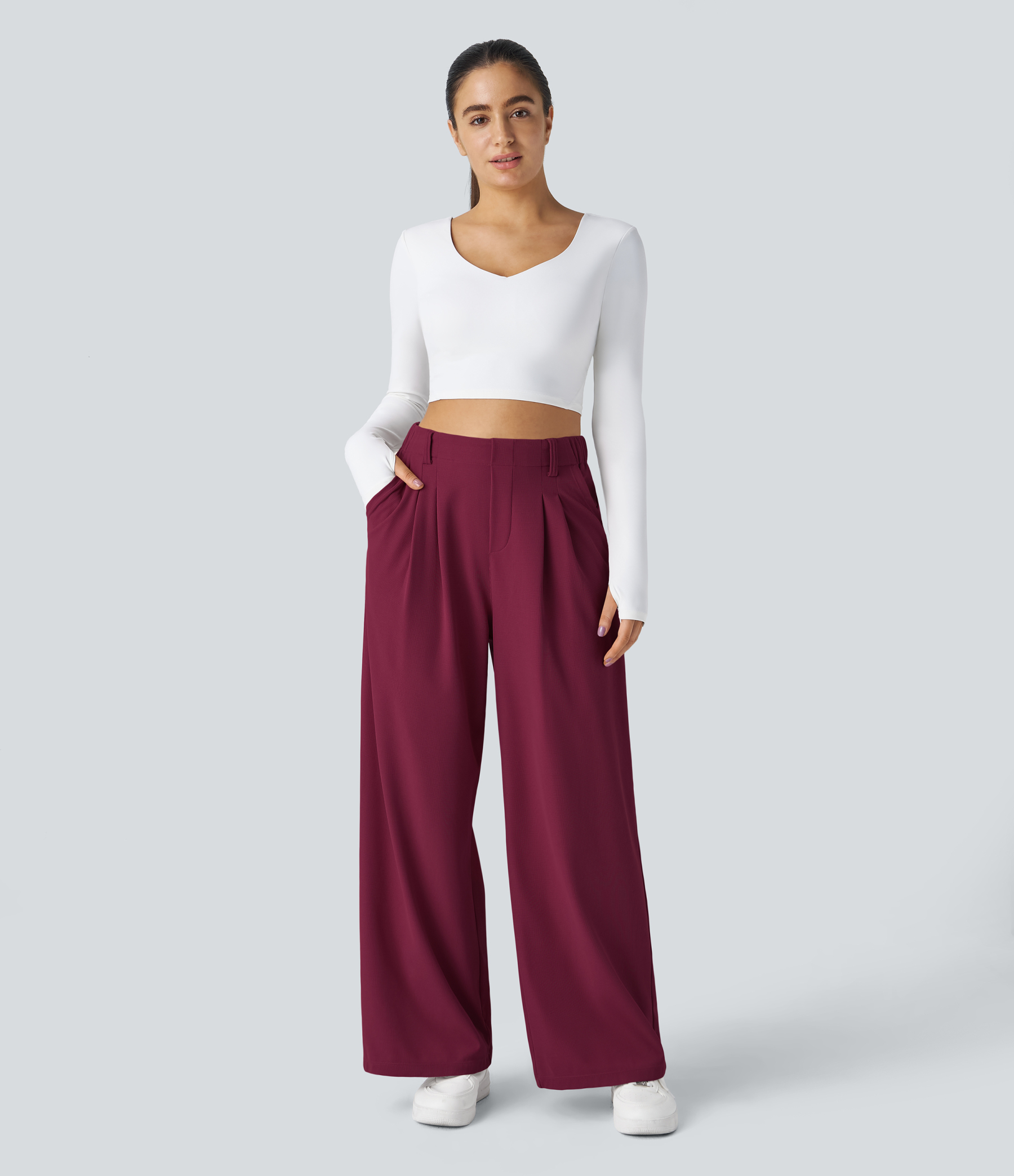 High Waisted Pocket Wide Leg Waffle Work Pants