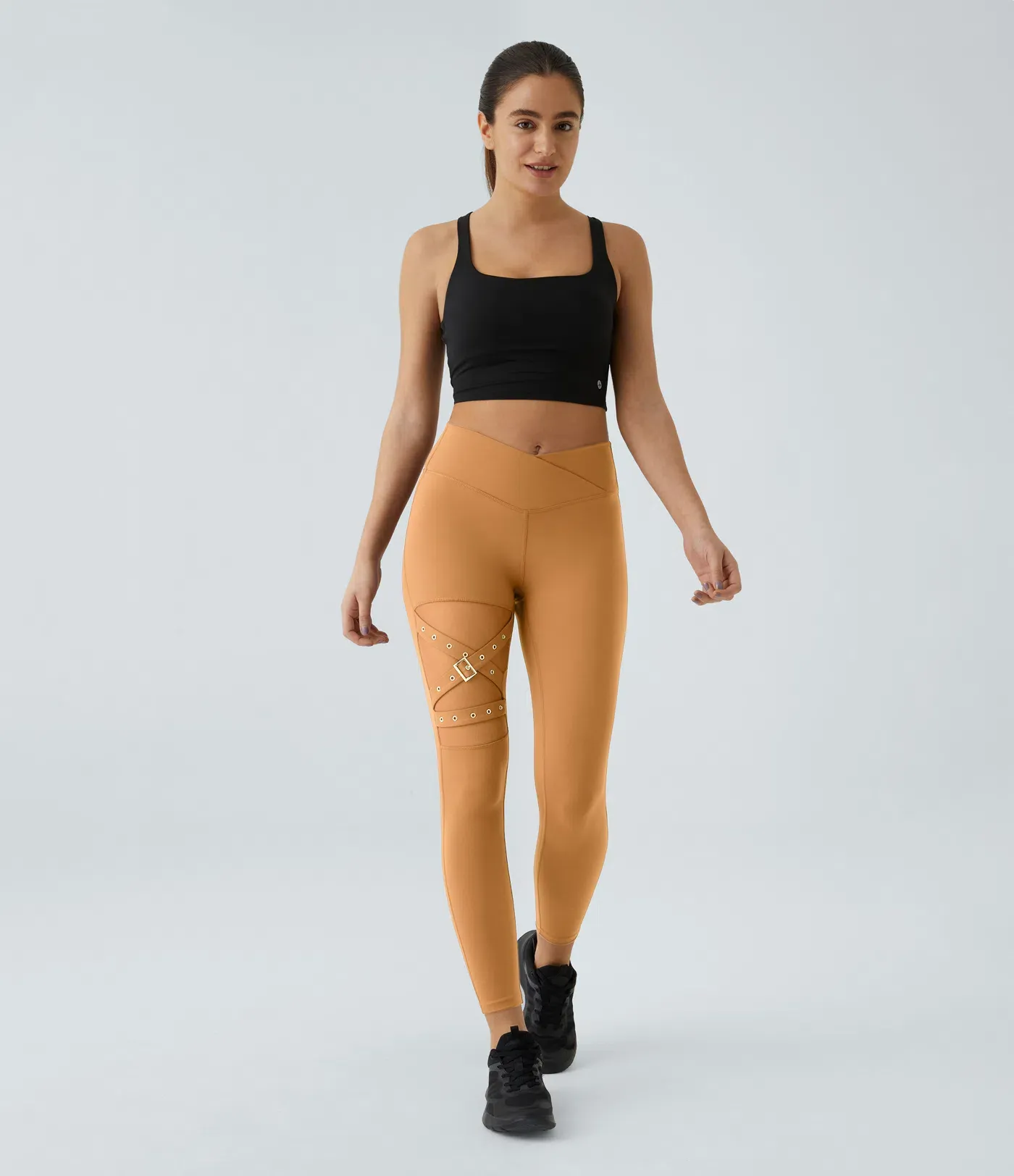 DayStretch High Waisted Crossover Contrast Mesh Decorative Buckle Yoga Leggings