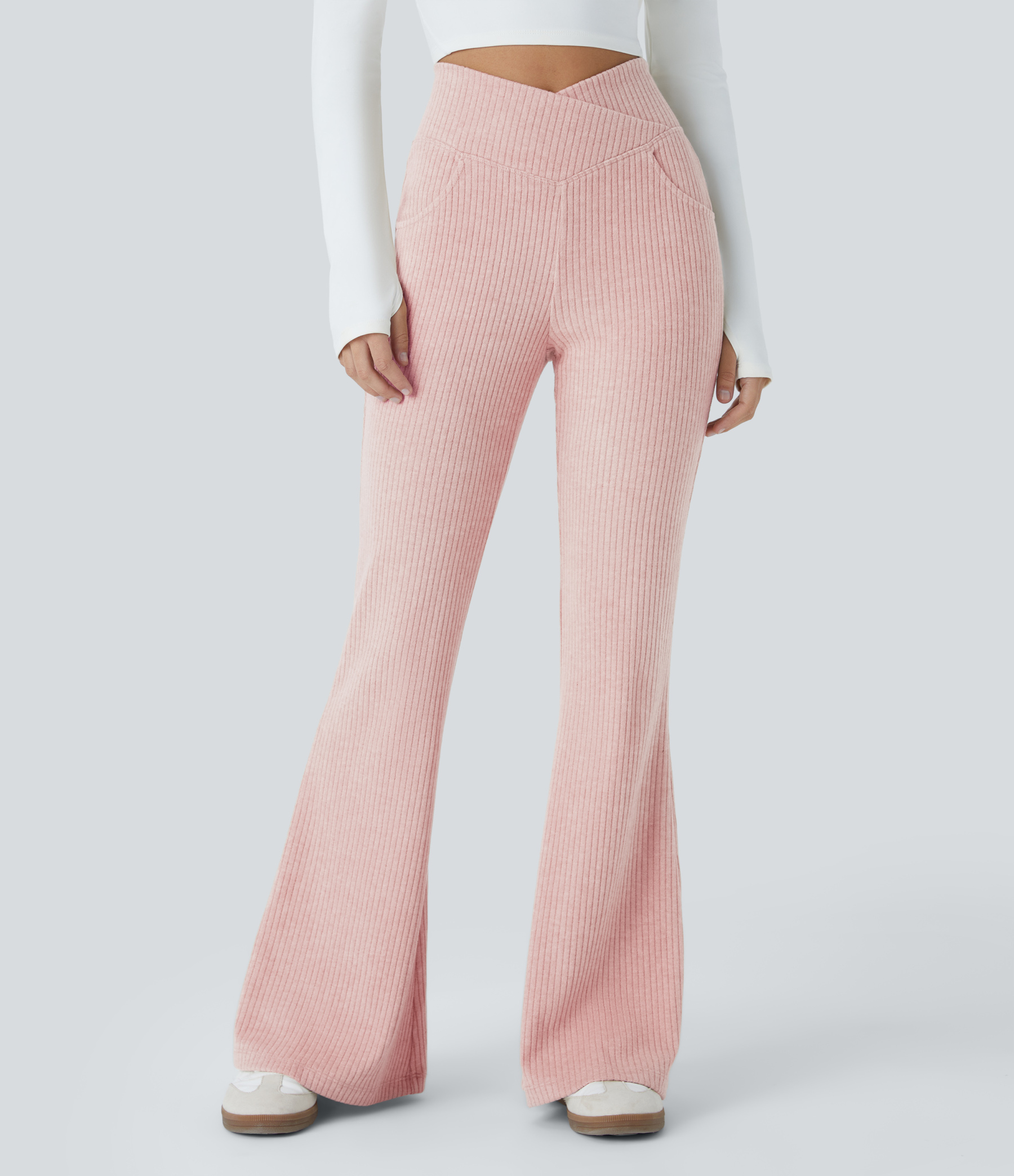 Ribbed Knit Crossover High Waisted Pocket Casual Flare Pants