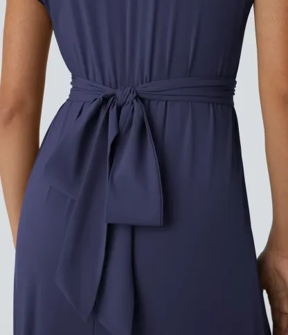 V-neck Short-sleeve Pocket Lace-up Back Quick-drying Mid-length Casual Dress-extended