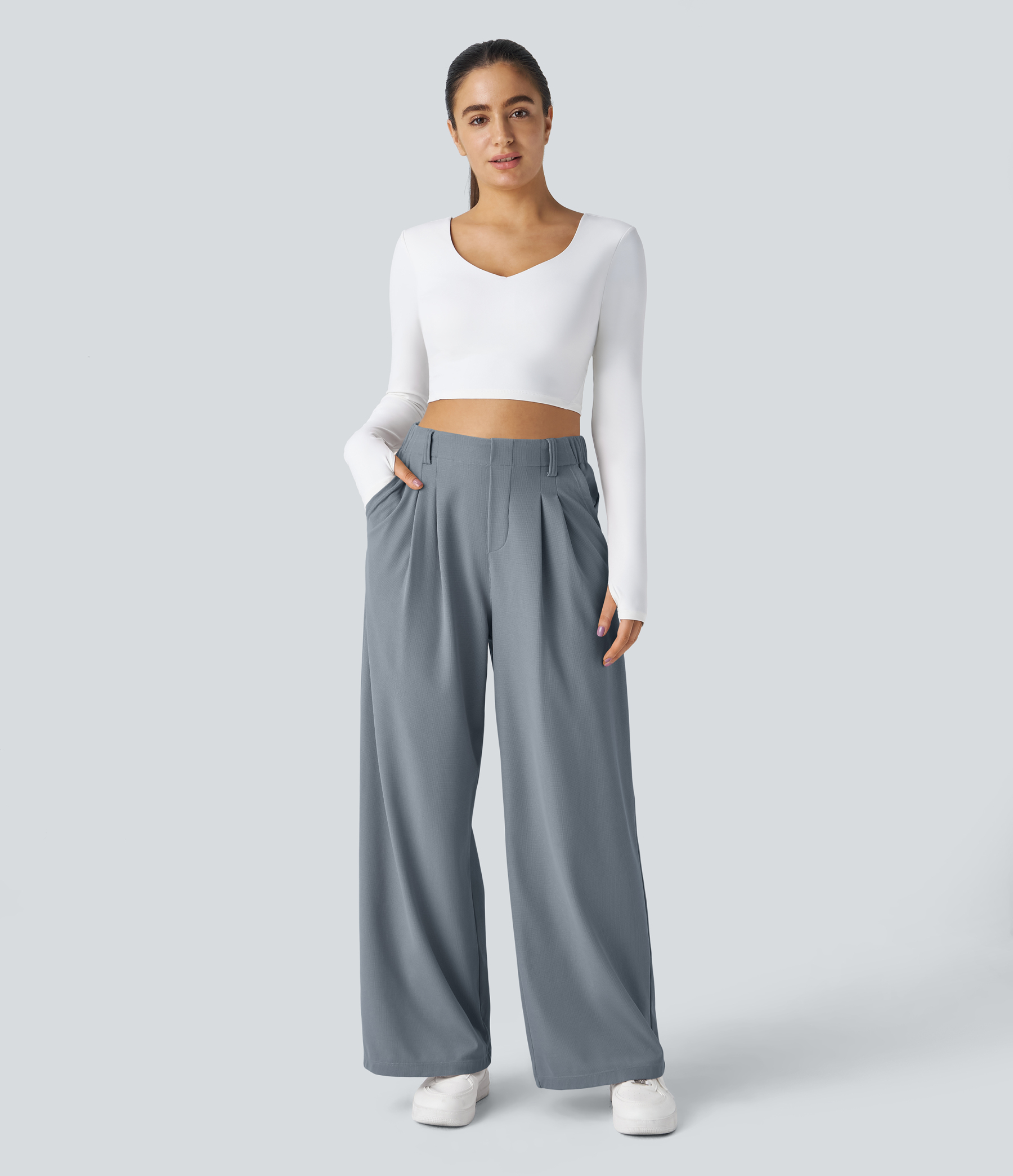 High Waisted Pocket Wide Leg Waffle Work Pants