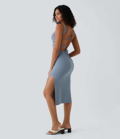 Ruched Lace Up Bodycon Midi Casual Dress