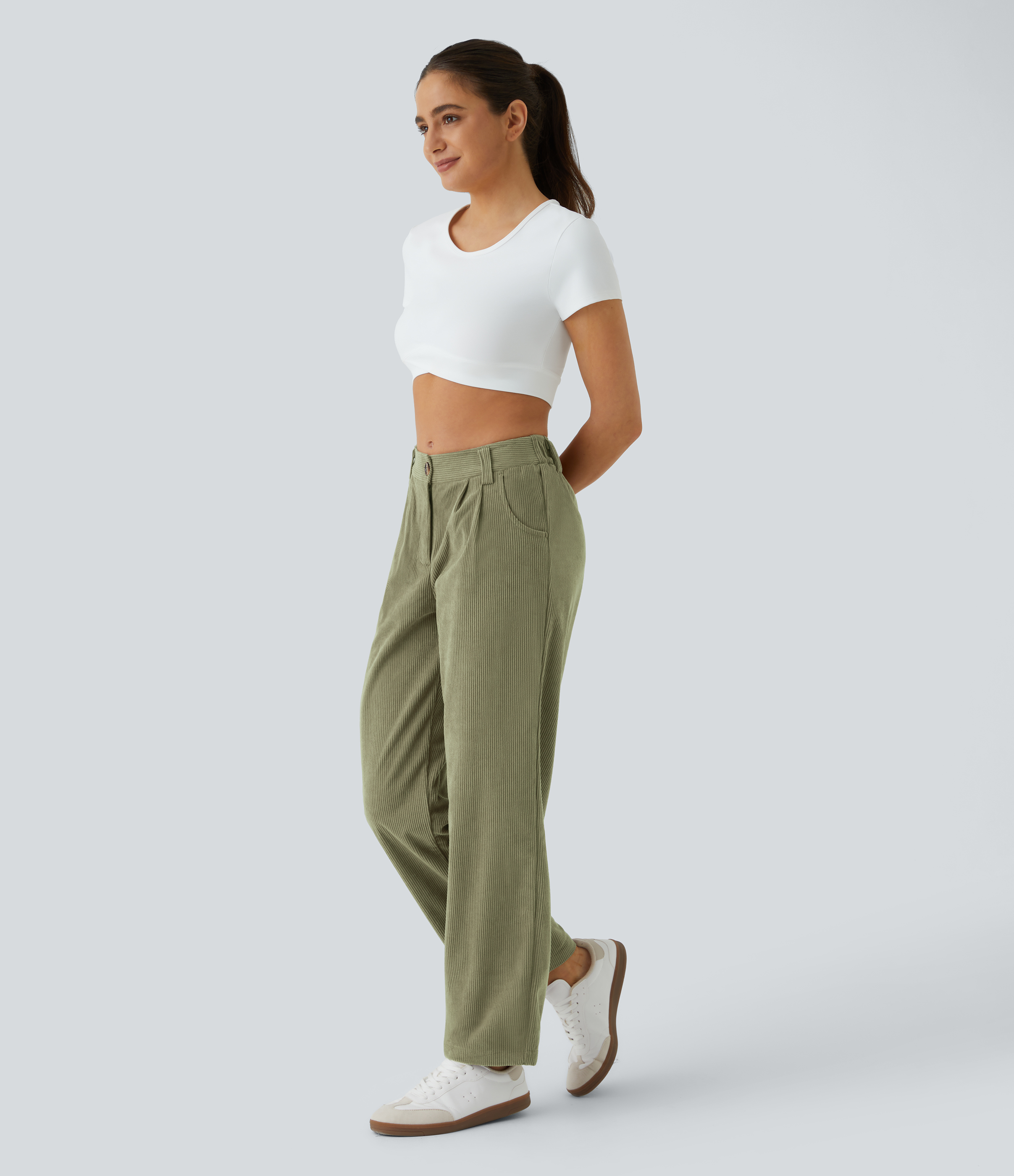 Mid Rise Zipper Pocket Corduroy Casual Pants
