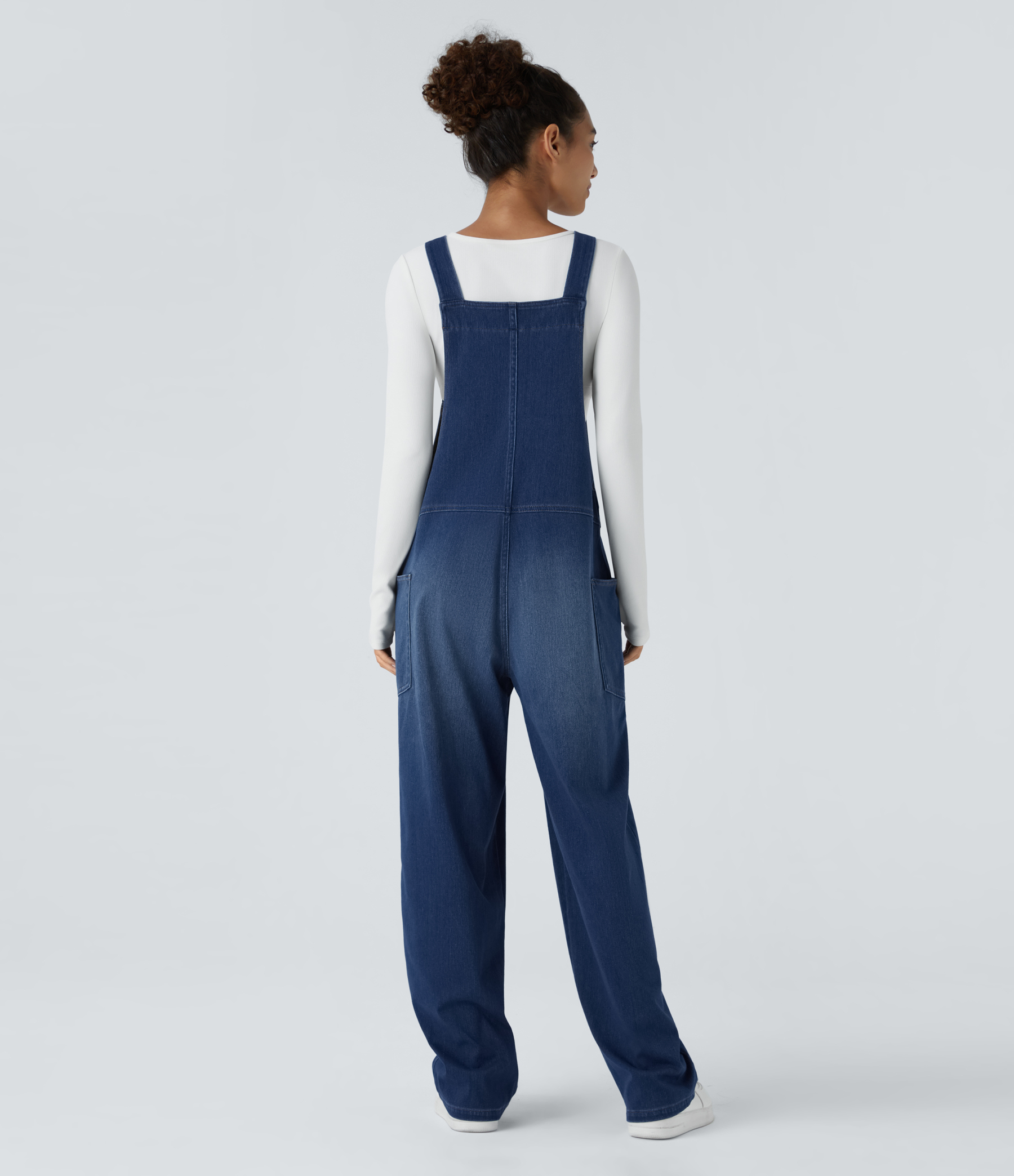 V Neck Pocket Washed Denim Casual Overalls