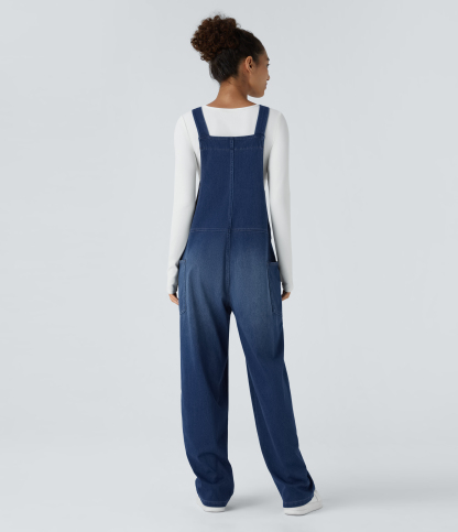 V Neck Pocket Washed Denim Casual Overalls