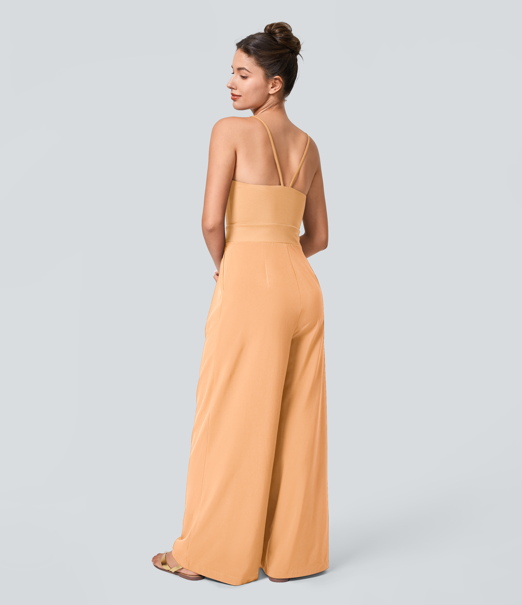 Backless Side Invisible Zipper Pocket Wide Leg Quick Dry Resort Slip Jumpsuit