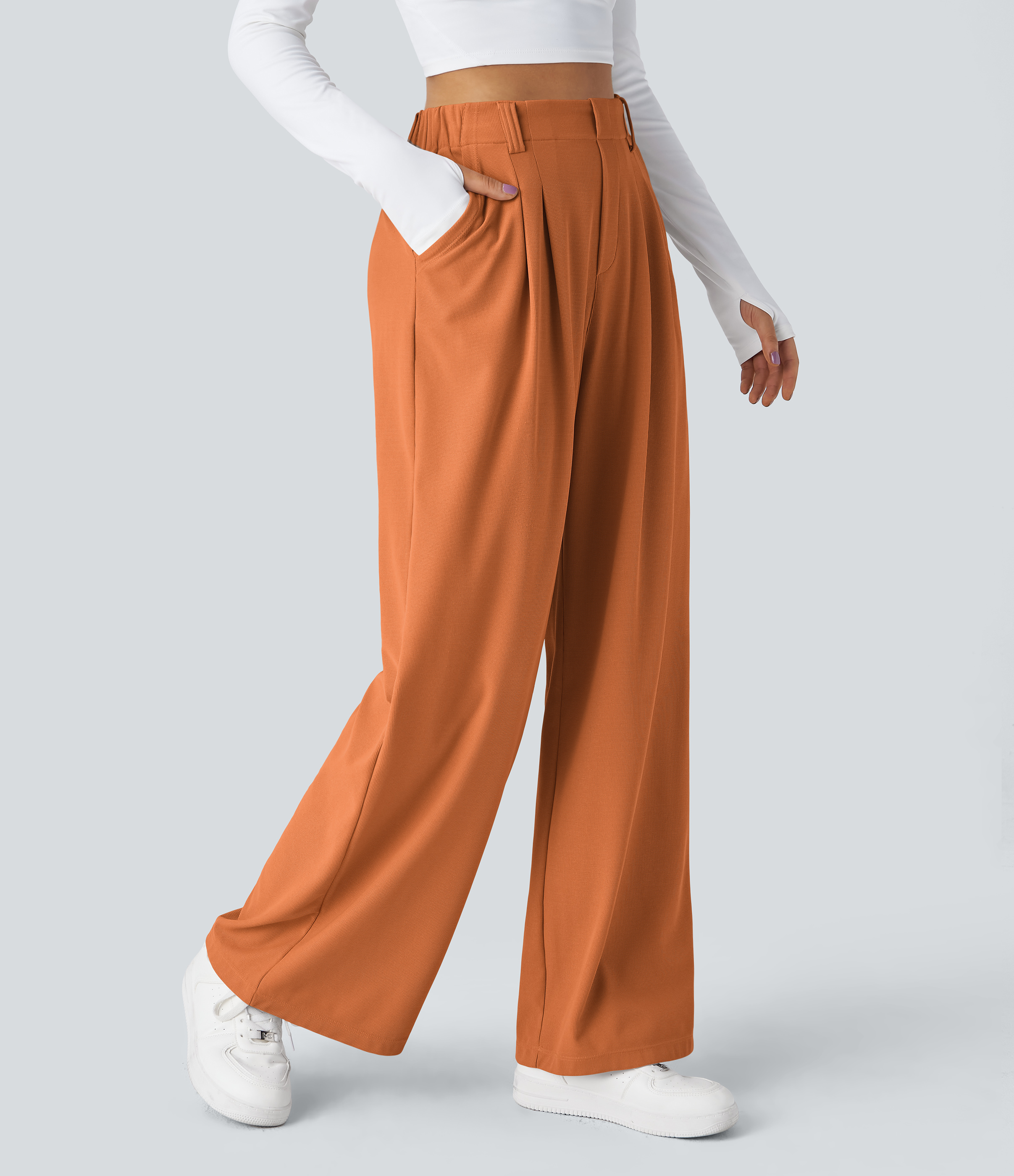 High Waisted Pocket Wide Leg Waffle Work Pants