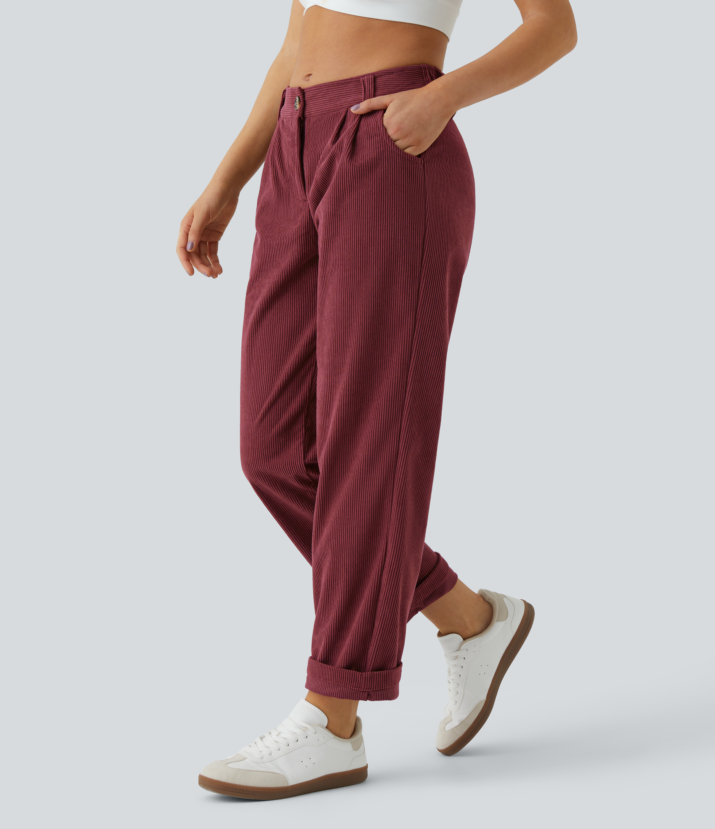 Mid Rise Zipper Pocket Corduroy Casual Pants