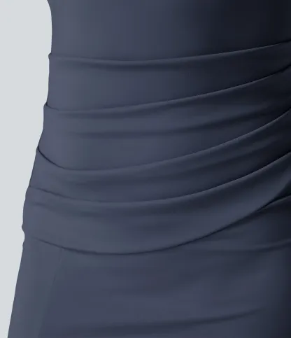 V-neck Short-sleeve Pocket Lace-up Back Quick-drying Mid-length Casual Dress-extended