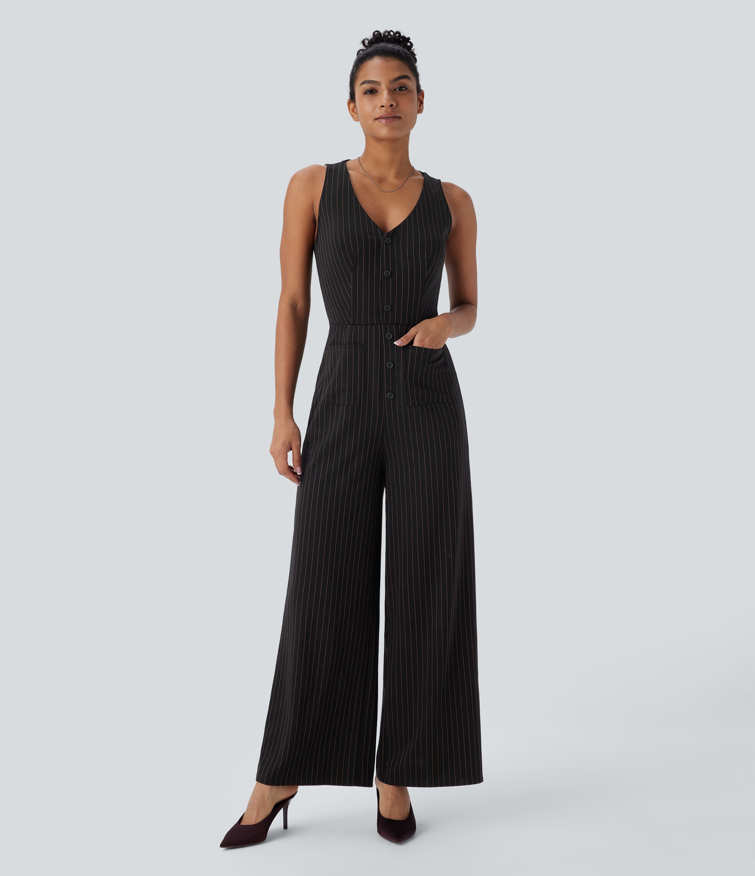 V Neck Sleeveless Cut Out Pockets Wide Leg Stripe Cool Touch Work Jumpsuit