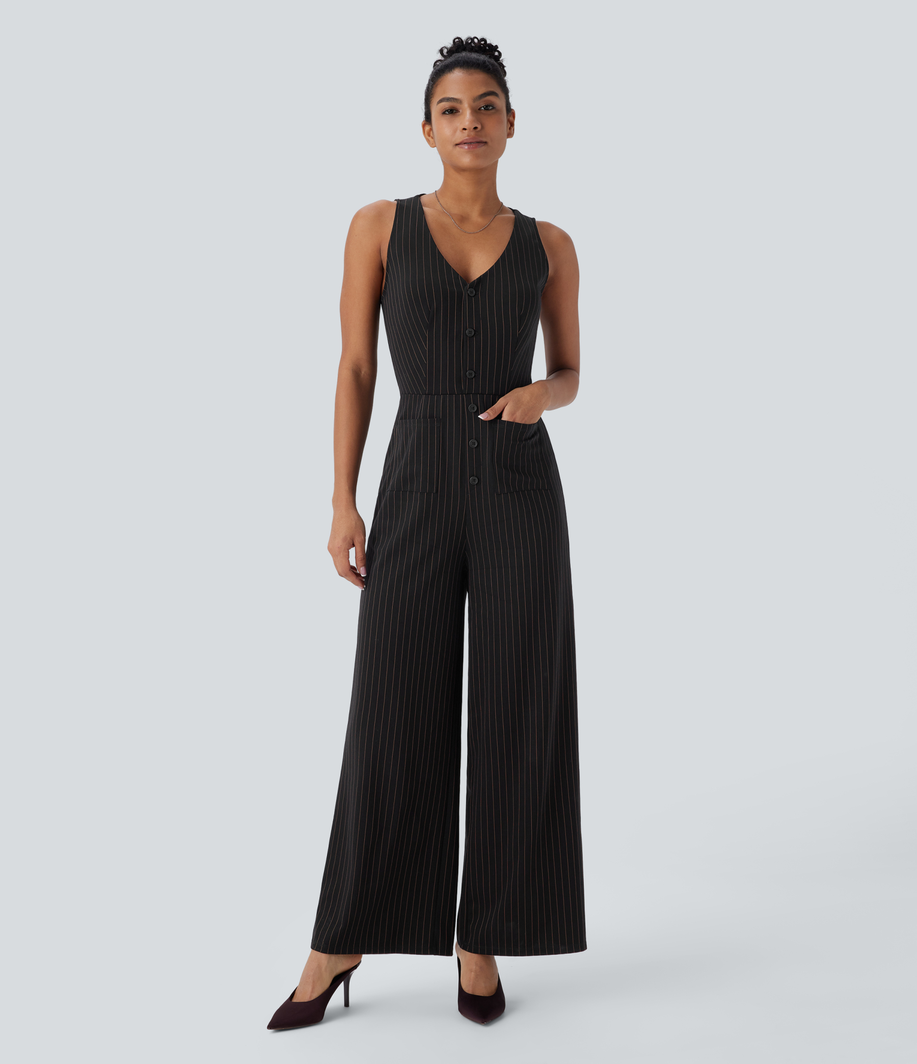 V Neck Sleeveless Cut Out Pockets Wide Leg Stripe Cool Touch Work Jumpsuit